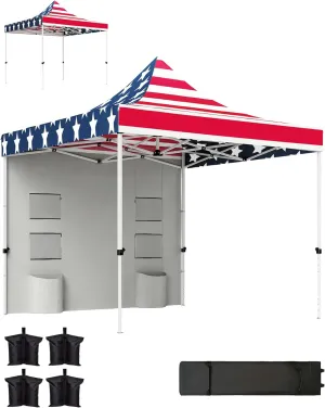 Outsunny 10' x 10' Heavy Duty Pop Up Canopy Tent with Sidewall, UPF50  Instant Sun Shelter with Storage Pockets, Height Adjustable, with Wheeled Bag, Sand Bags for Outdoor, Patio, American Flag Print