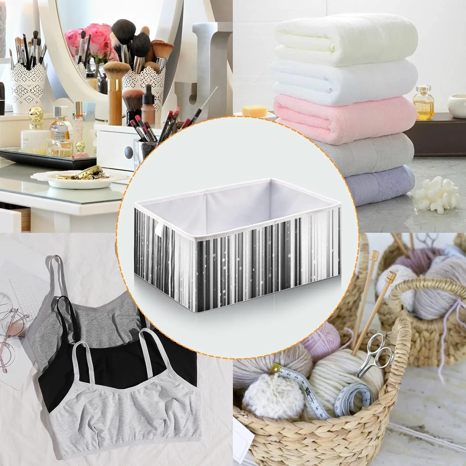 Oyihfvs Black White Gradient Stripes with Shiny Stars and Sparkle Lights Square Foldable Cube Storage Basket Collapsible Fabric with Handles Bag Organizer Clothes for Home Bedroom 11 x 11 x 11 in