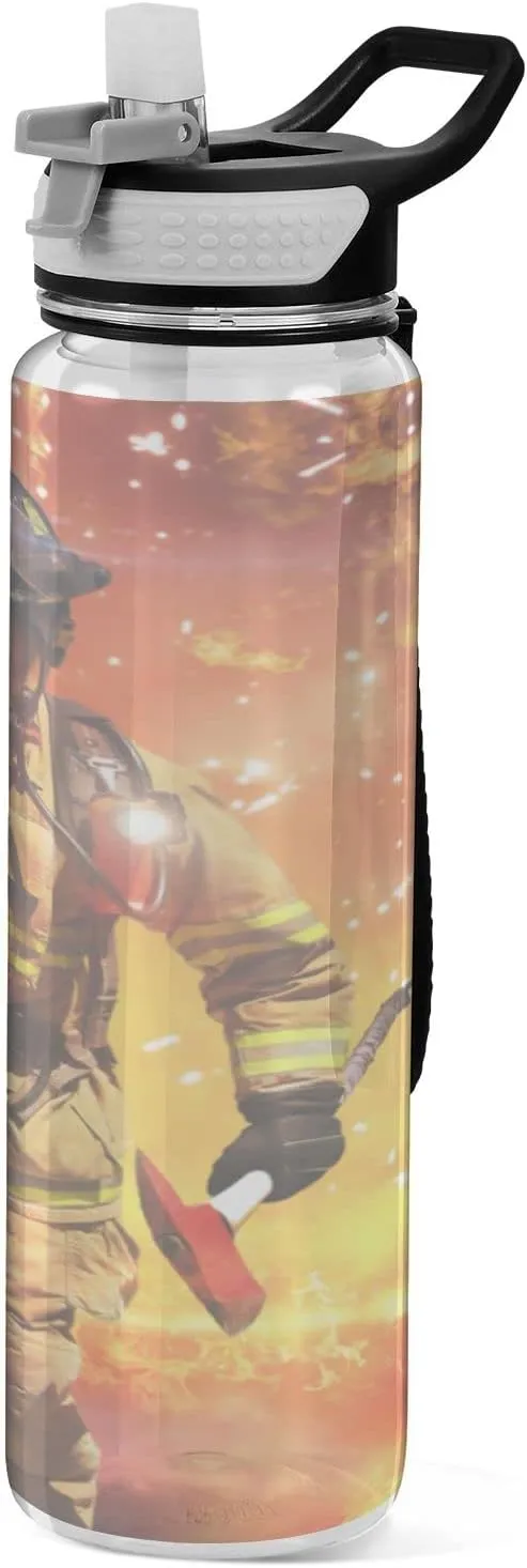 Oyihfvs Firefighter Survivors with Tools Fire Background Transparent Sports Water Bottle 32 Oz, with Straw Lid Leakproof Reusable Water Bottle, Water Bottle for Fitness Gym Outdoor