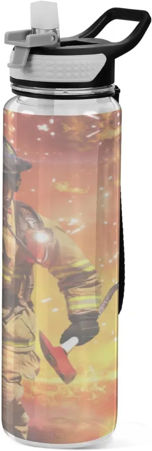 Oyihfvs Firefighter Survivors with Tools Fire Background Transparent Sports Water Bottle 32 Oz, with Straw Lid Leakproof Reusable Water Bottle, Water Bottle for Fitness Gym Outdoor
