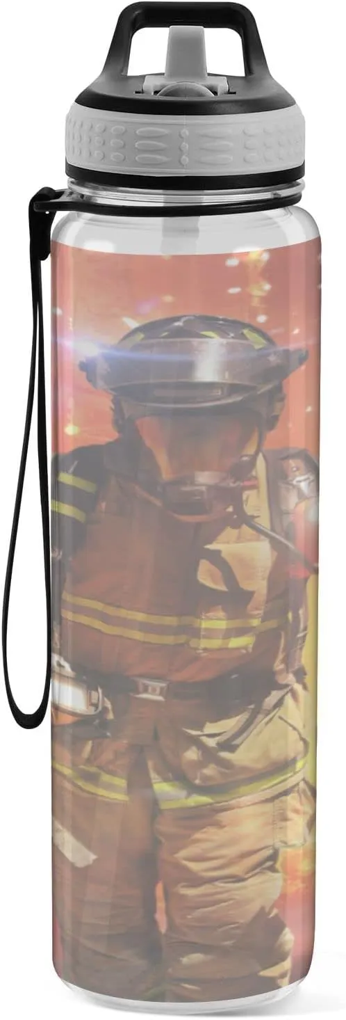 Oyihfvs Firefighter Survivors with Tools Fire Background Transparent Sports Water Bottle 32 Oz, with Straw Lid Leakproof Reusable Water Bottle, Water Bottle for Fitness Gym Outdoor