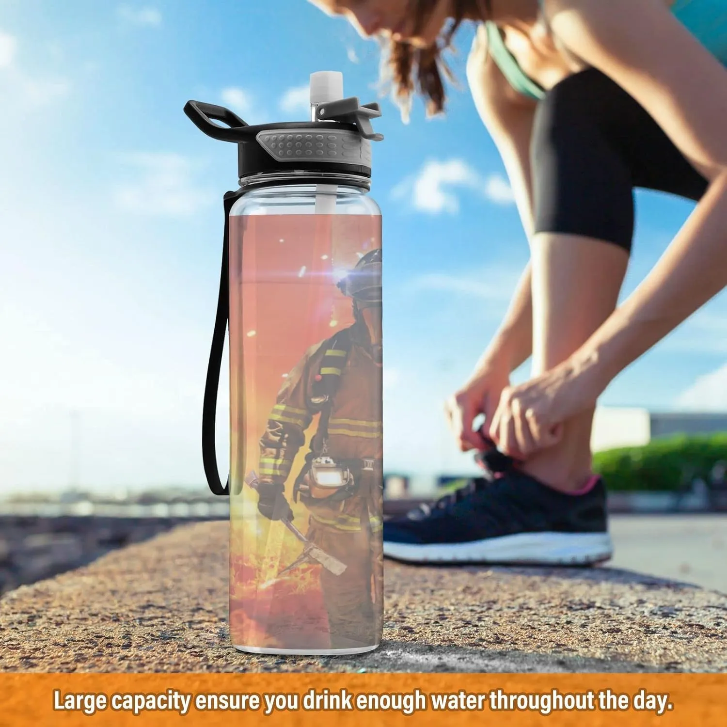 Oyihfvs Firefighter Survivors with Tools Fire Background Transparent Sports Water Bottle 32 Oz, with Straw Lid Leakproof Reusable Water Bottle, Water Bottle for Fitness Gym Outdoor