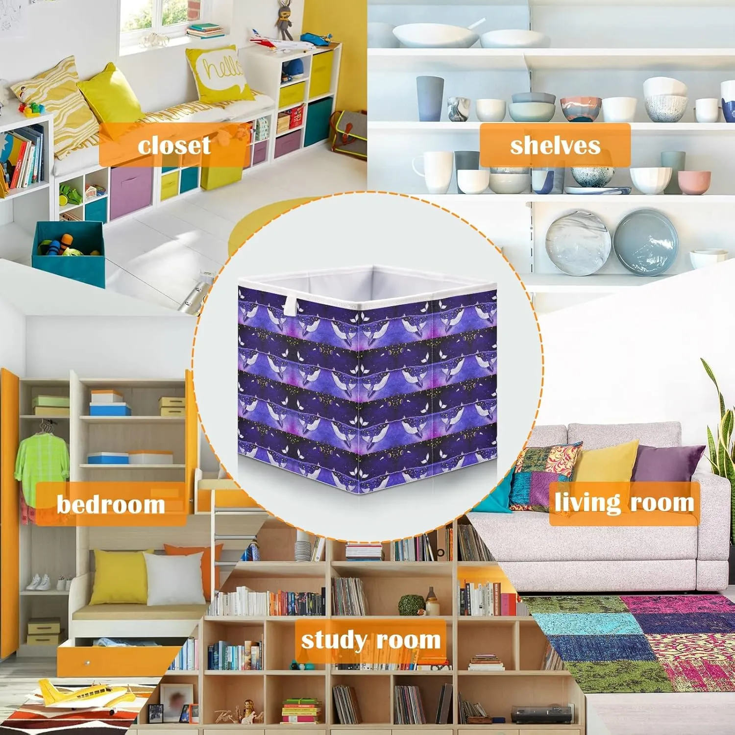 Oyihfvs Magic Whale in The Dark Ocean Night Starry Sky Moon Purple Style Square Foldable Cube Storage Basket Collapsible Fabric with Handles Bag Organizer Clothes for Home Bedroom 11 x 11 x 11 in