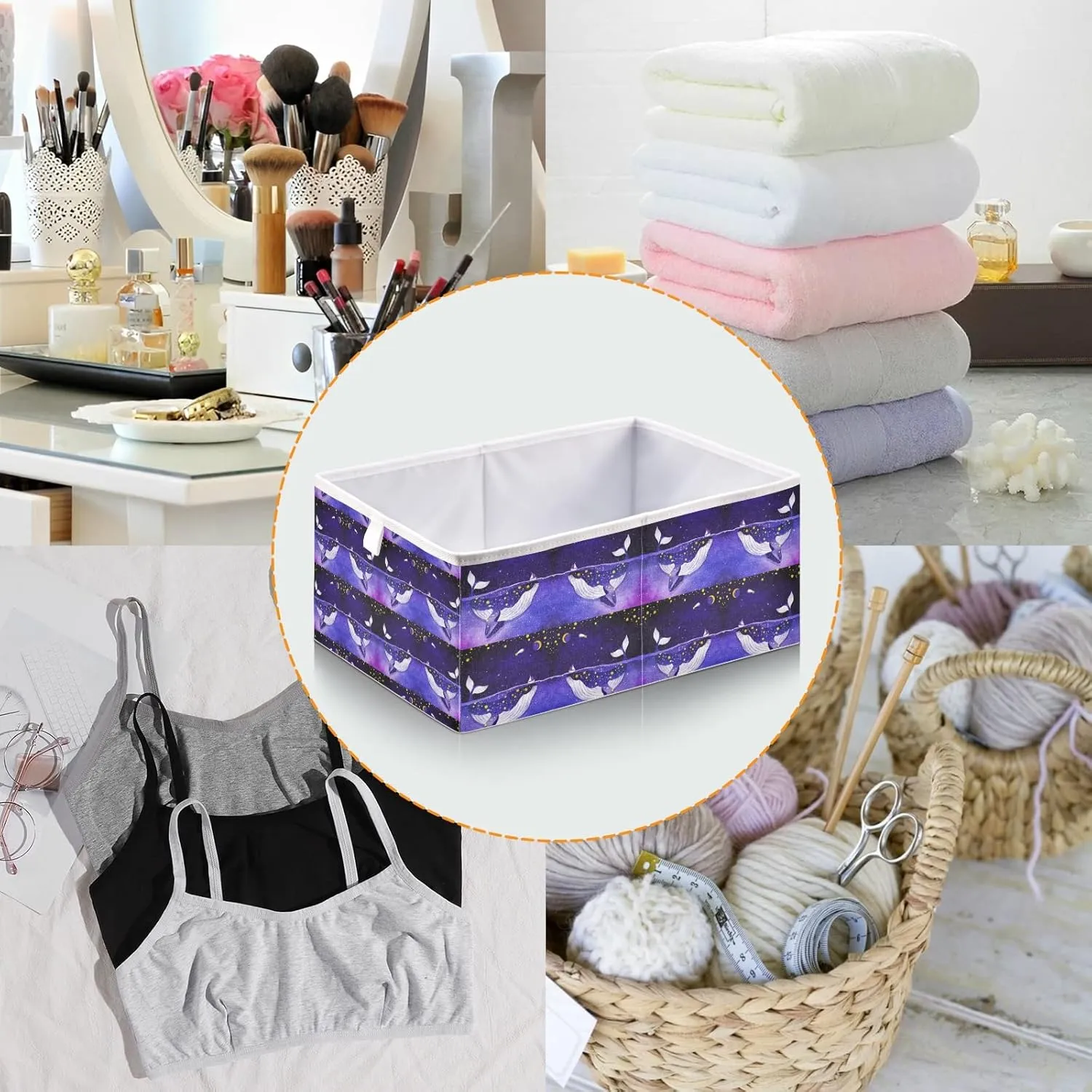 Oyihfvs Magic Whale in The Dark Ocean Night Starry Sky Moon Purple Style Square Foldable Cube Storage Basket Collapsible Fabric with Handles Bag Organizer Clothes for Home Bedroom 11 x 11 x 11 in