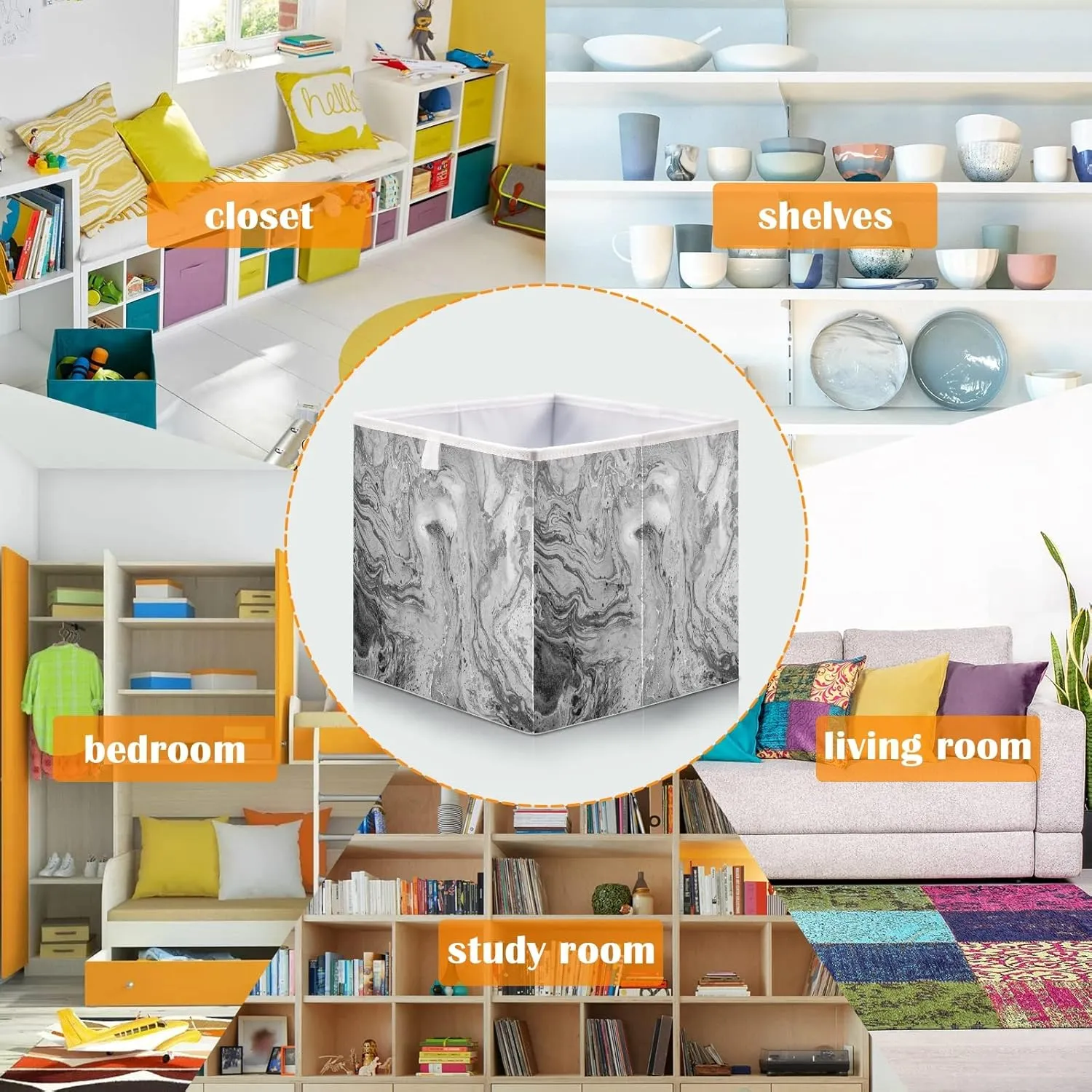 Oyihfvs Marble White, Grey, Black Mixed Acrylic Paint with Golden Powder Square Foldable Cube Storage Basket Collapsible Fabric with Handles Bag Organizer Clothes for Home Bedroom 11 x 11 x 11 in