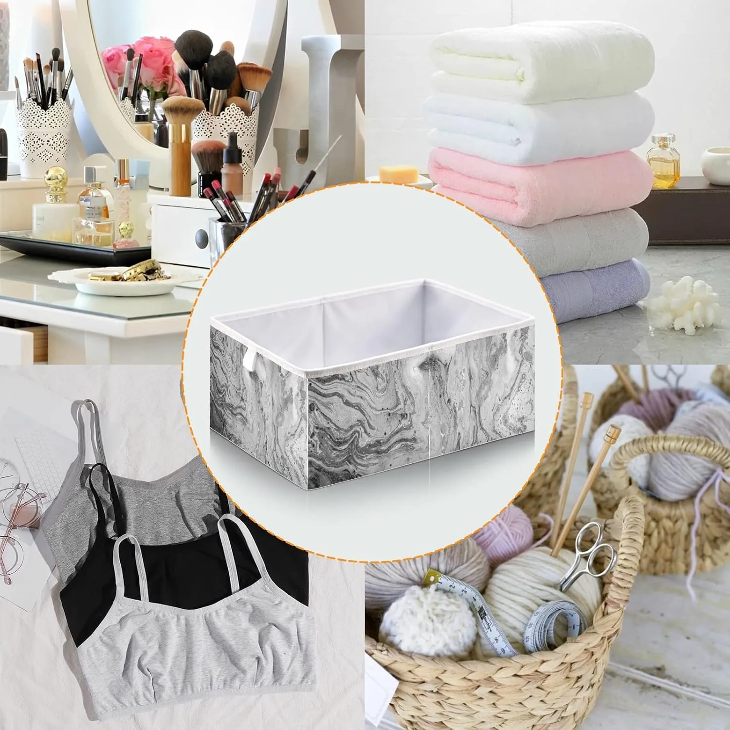 Oyihfvs Marble White, Grey, Black Mixed Acrylic Paint with Golden Powder Square Foldable Cube Storage Basket Collapsible Fabric with Handles Bag Organizer Clothes for Home Bedroom 11 x 11 x 11 in