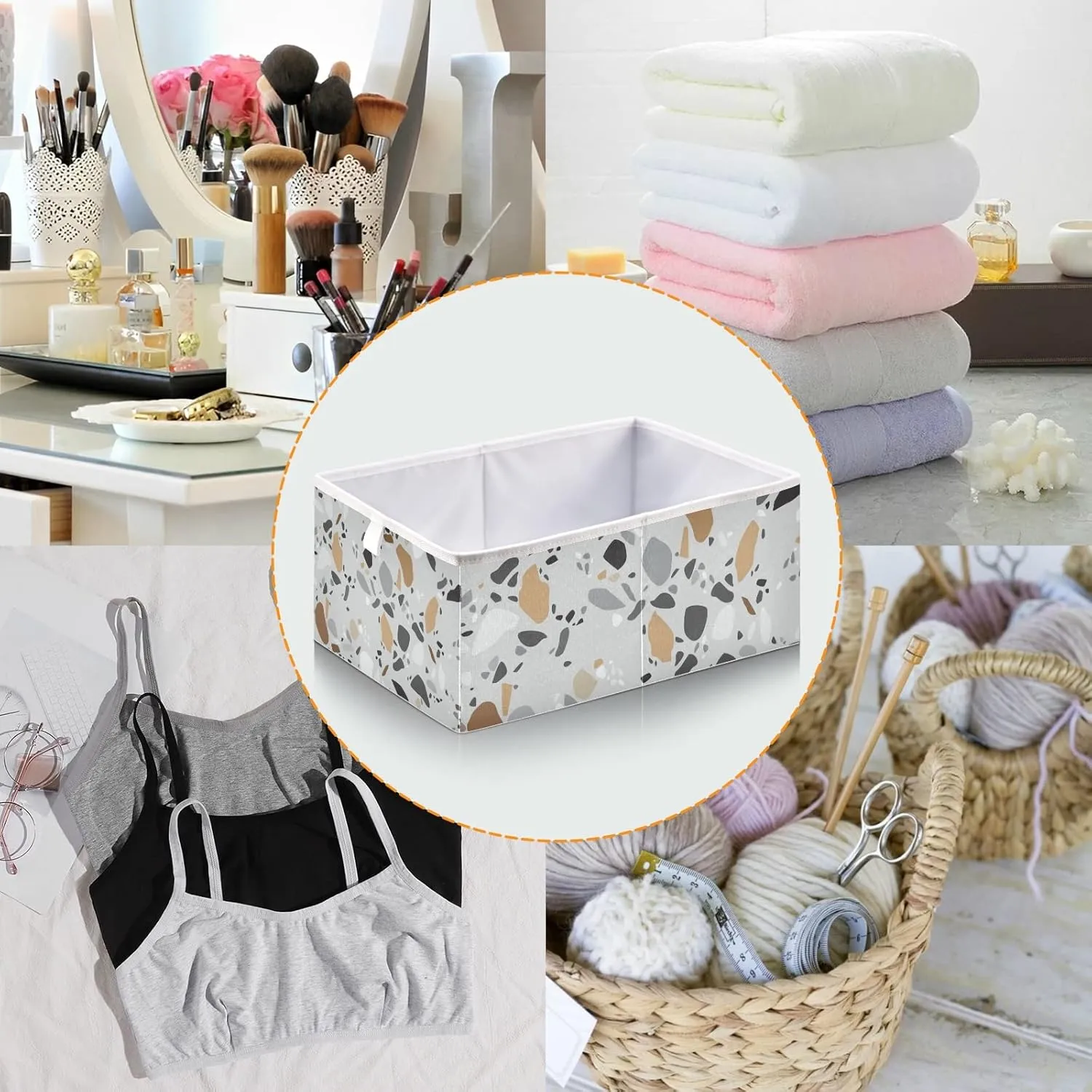Oyihfvs Seamless Terrazzo Stone Fragments Rock Surface on Grey Background Square Foldable Cube Storage Basket Collapsible Fabric with Handles Bag Organizer Clothes for Home Bedroom 11 x 11 x 11 in