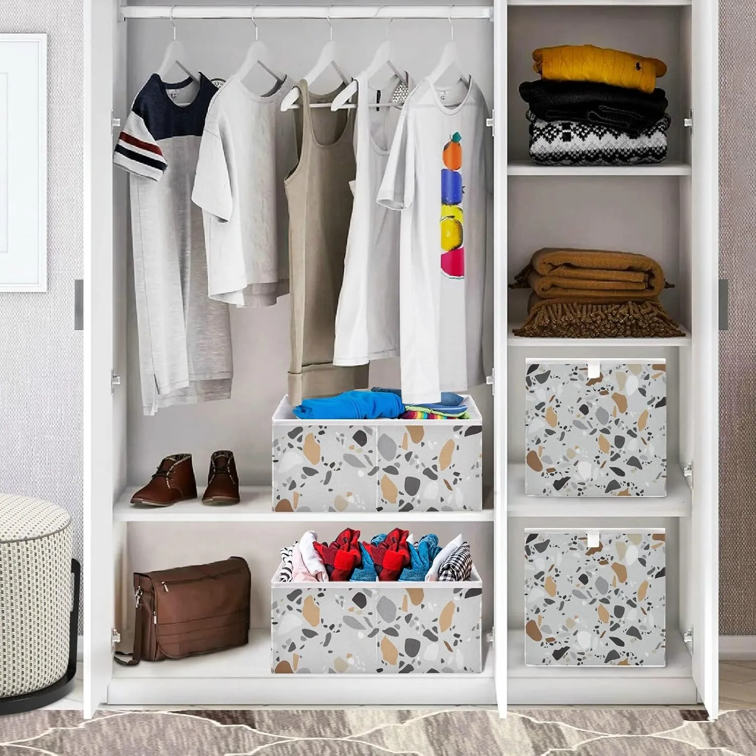 Oyihfvs Seamless Terrazzo Stone Fragments Rock Surface on Grey Background Square Foldable Cube Storage Basket Collapsible Fabric with Handles Bag Organizer Clothes for Home Bedroom 11 x 11 x 11 in