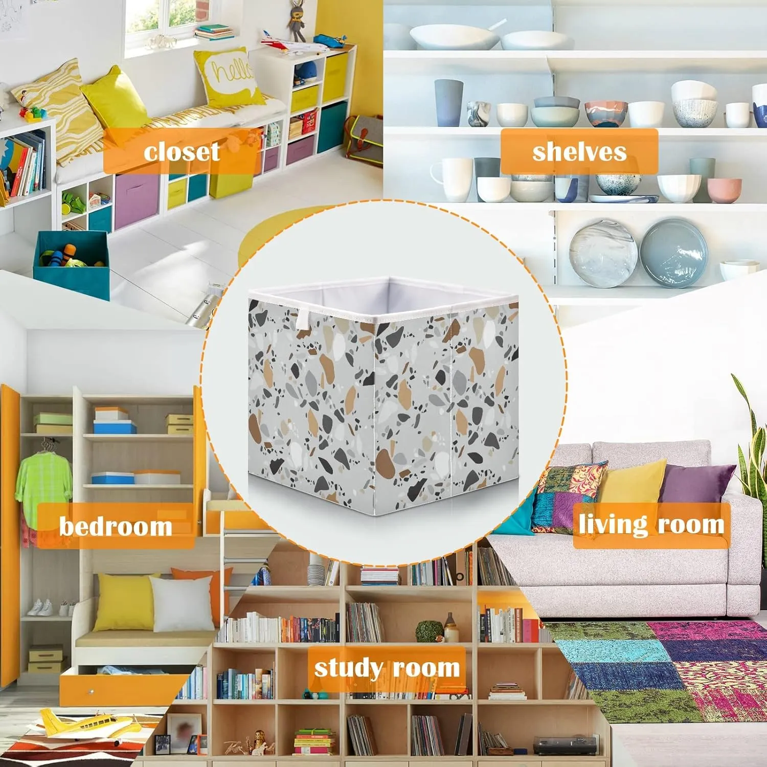 Oyihfvs Seamless Terrazzo Stone Fragments Rock Surface on Grey Background Square Foldable Cube Storage Basket Collapsible Fabric with Handles Bag Organizer Clothes for Home Bedroom 11 x 11 x 11 in