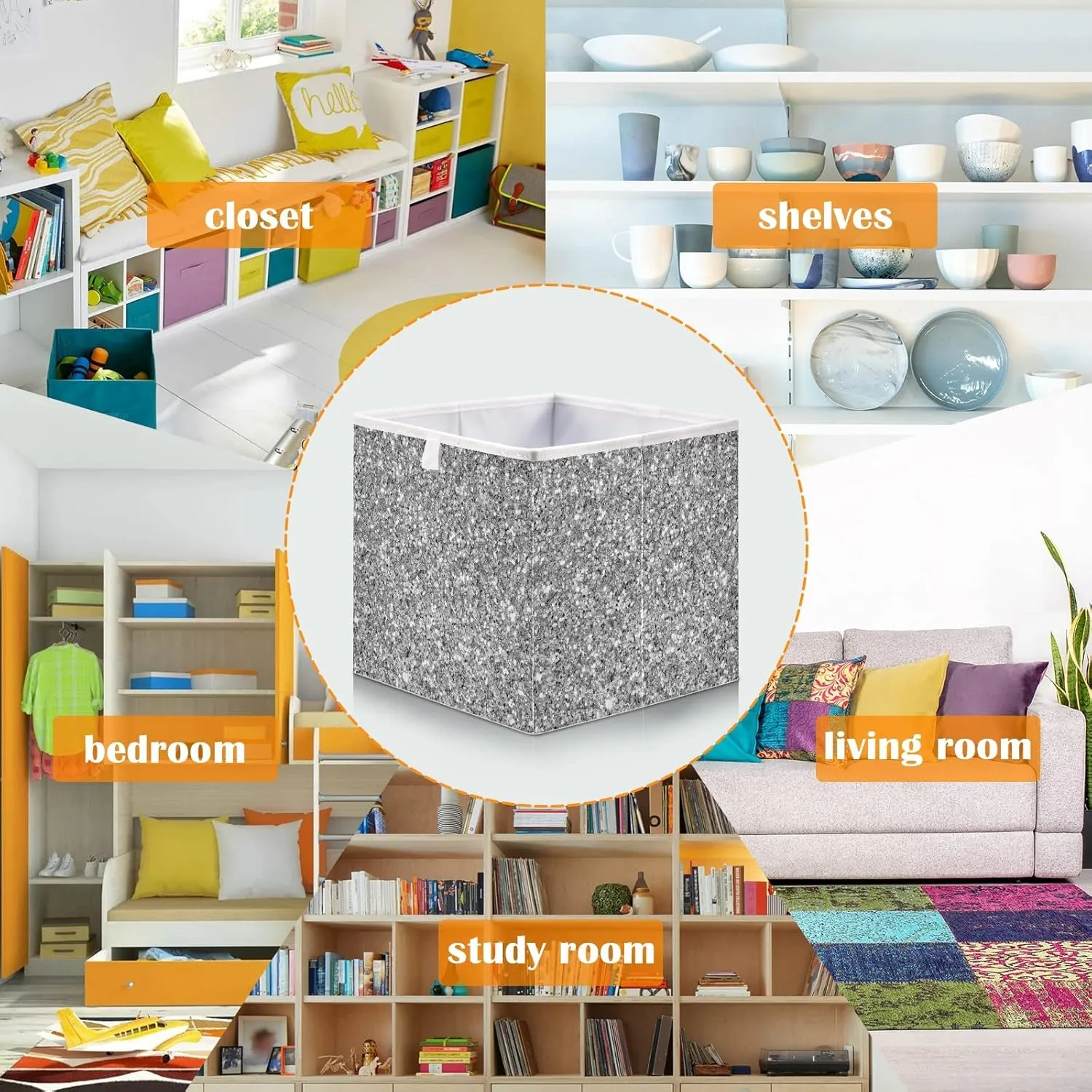 Oyihfvs Shiny Silver White Glitter Background Texture Square Foldable Cube Storage Basket Collapsible Fabric with Handles Bag Organizer Clothes for Home Bedroom 11 x 11 x 11 in