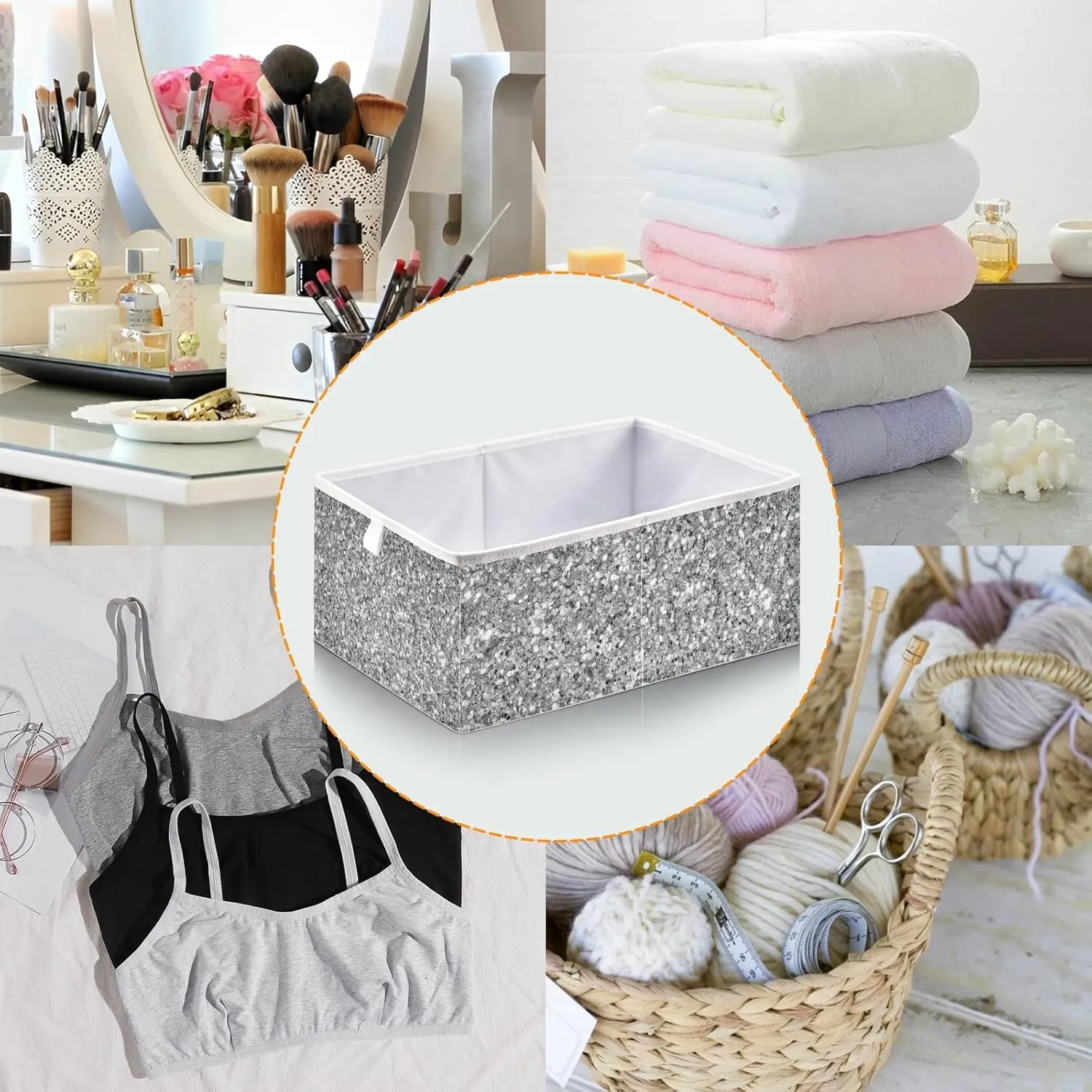 Oyihfvs Shiny Silver White Glitter Background Texture Square Foldable Cube Storage Basket Collapsible Fabric with Handles Bag Organizer Clothes for Home Bedroom 11 x 11 x 11 in