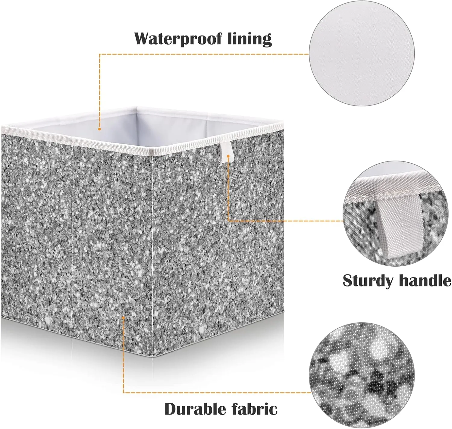Oyihfvs Shiny Silver White Glitter Background Texture Square Foldable Cube Storage Basket Collapsible Fabric with Handles Bag Organizer Clothes for Home Bedroom 11 x 11 x 11 in