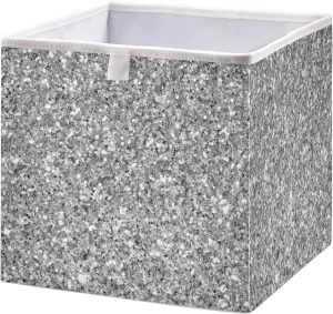 Oyihfvs Shiny Silver White Glitter Background Texture Square Foldable Cube Storage Basket Collapsible Fabric with Handles Bag Organizer Clothes for Home Bedroom 11 x 11 x 11 in