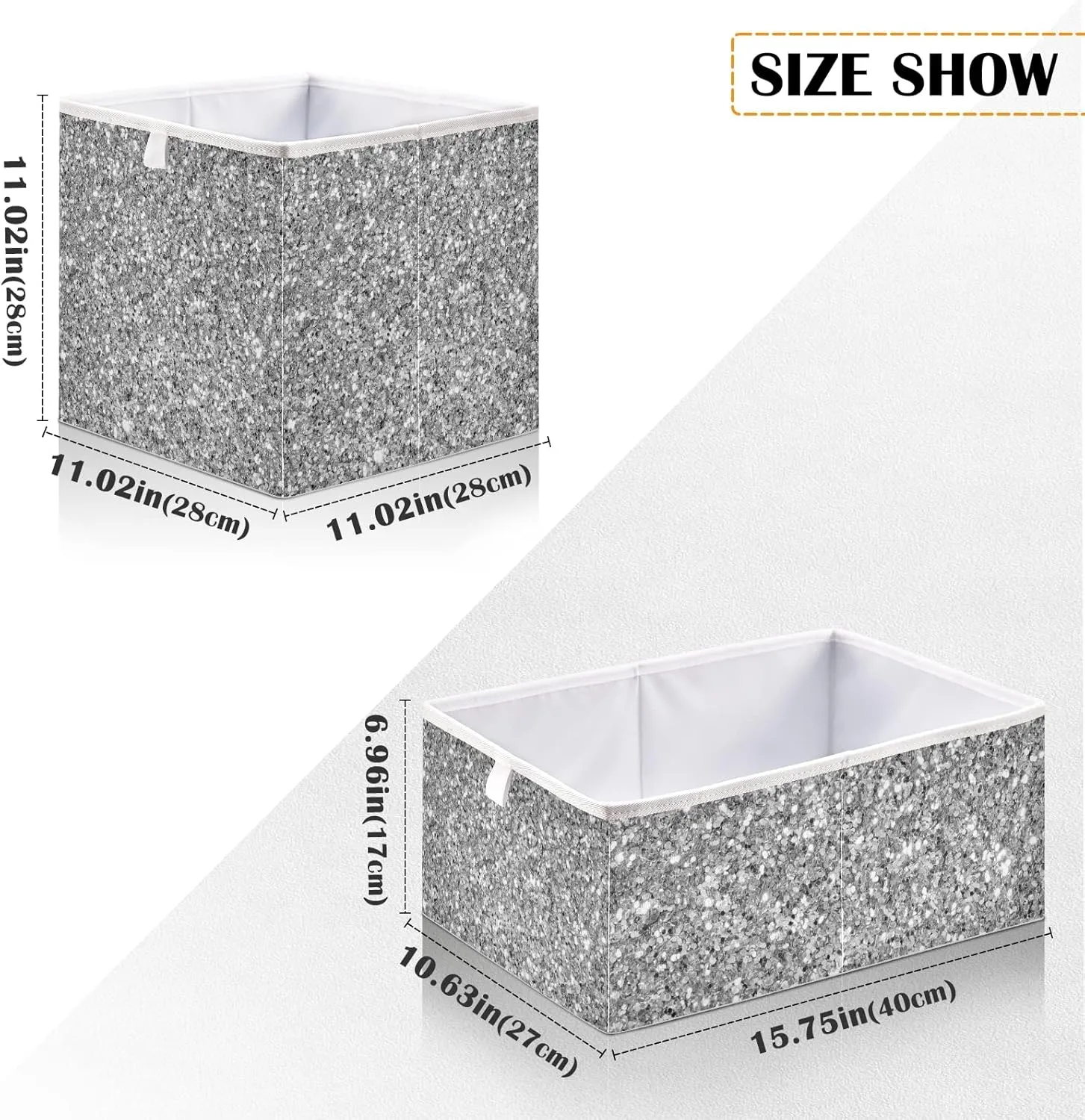 Oyihfvs Shiny Silver White Glitter Background Texture Square Foldable Cube Storage Basket Collapsible Fabric with Handles Bag Organizer Clothes for Home Bedroom 11 x 11 x 11 in