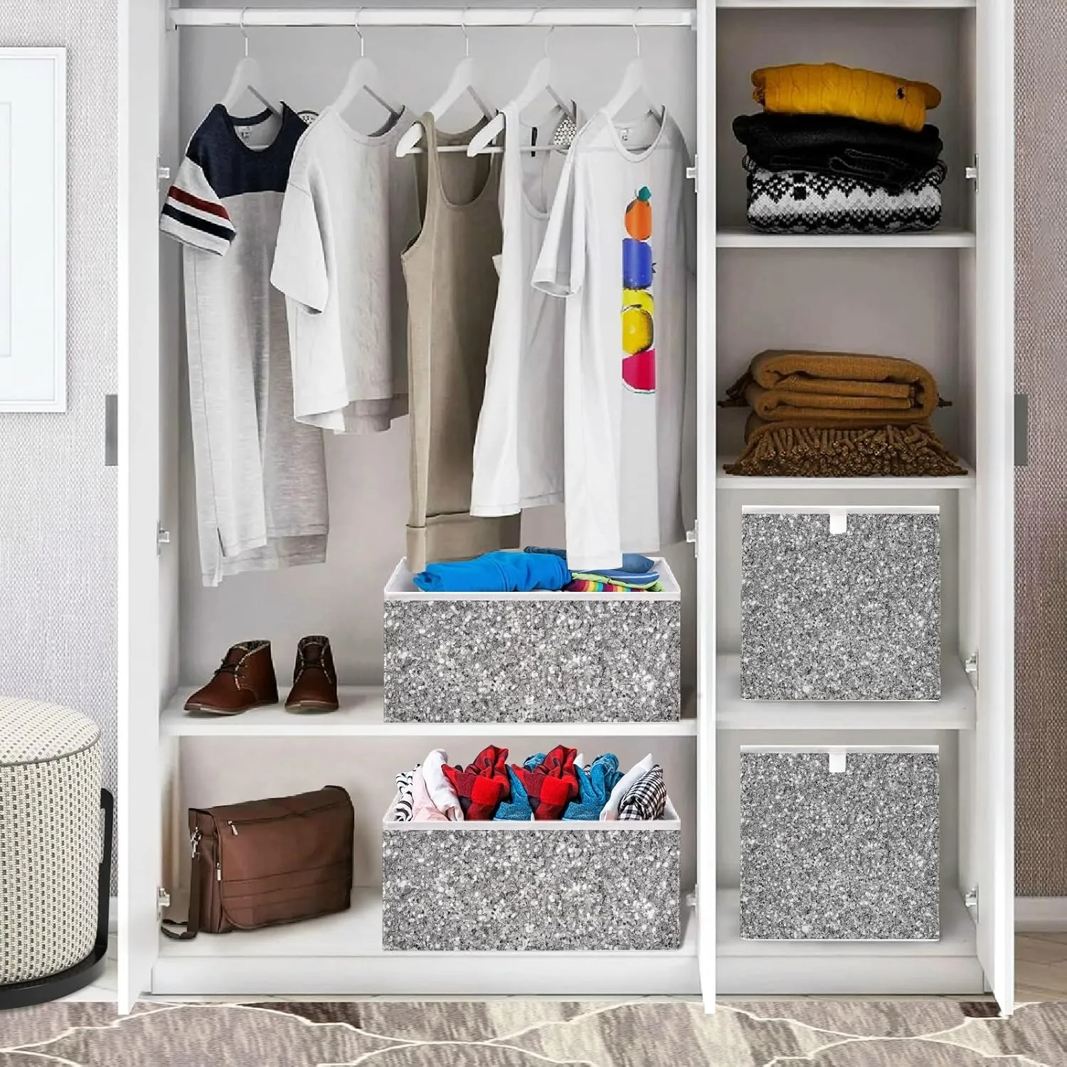 Oyihfvs Shiny Silver White Glitter Background Texture Square Foldable Cube Storage Basket Collapsible Fabric with Handles Bag Organizer Clothes for Home Bedroom 11 x 11 x 11 in