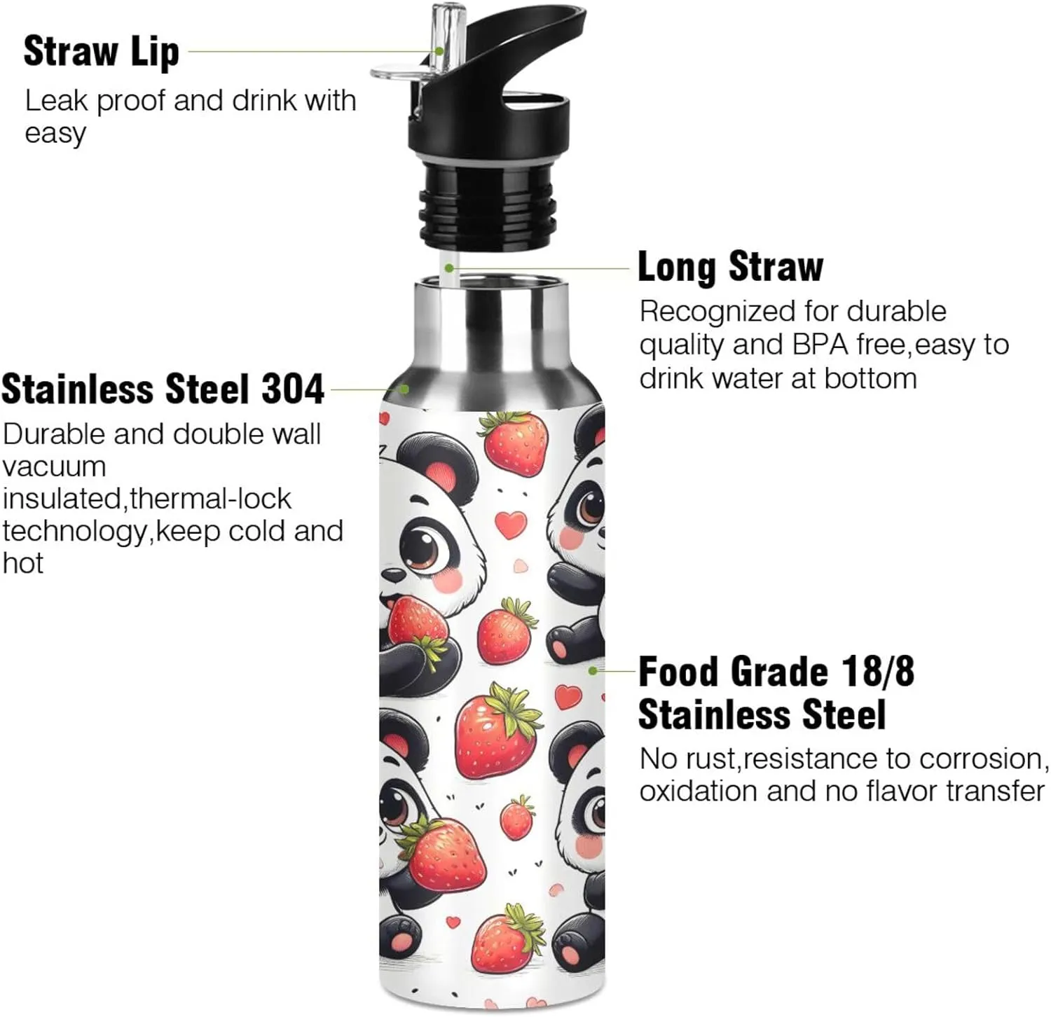 Panda Red Strawberry Water Bottles for Boys Kids Thermos Bottle Cups with Straw Lid Insulated Stainless Steel Leakproof Water Flask Jug 20 oz