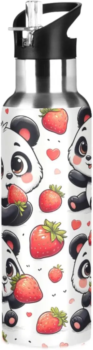 Panda Red Strawberry Water Bottles for Boys Kids Thermos Bottle Cups with Straw Lid Insulated Stainless Steel Leakproof Water Flask Jug 20 oz