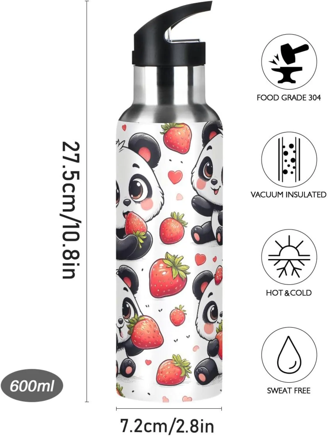 Panda Red Strawberry Water Bottles for Boys Kids Thermos Bottle Cups with Straw Lid Insulated Stainless Steel Leakproof Water Flask Jug 20 oz