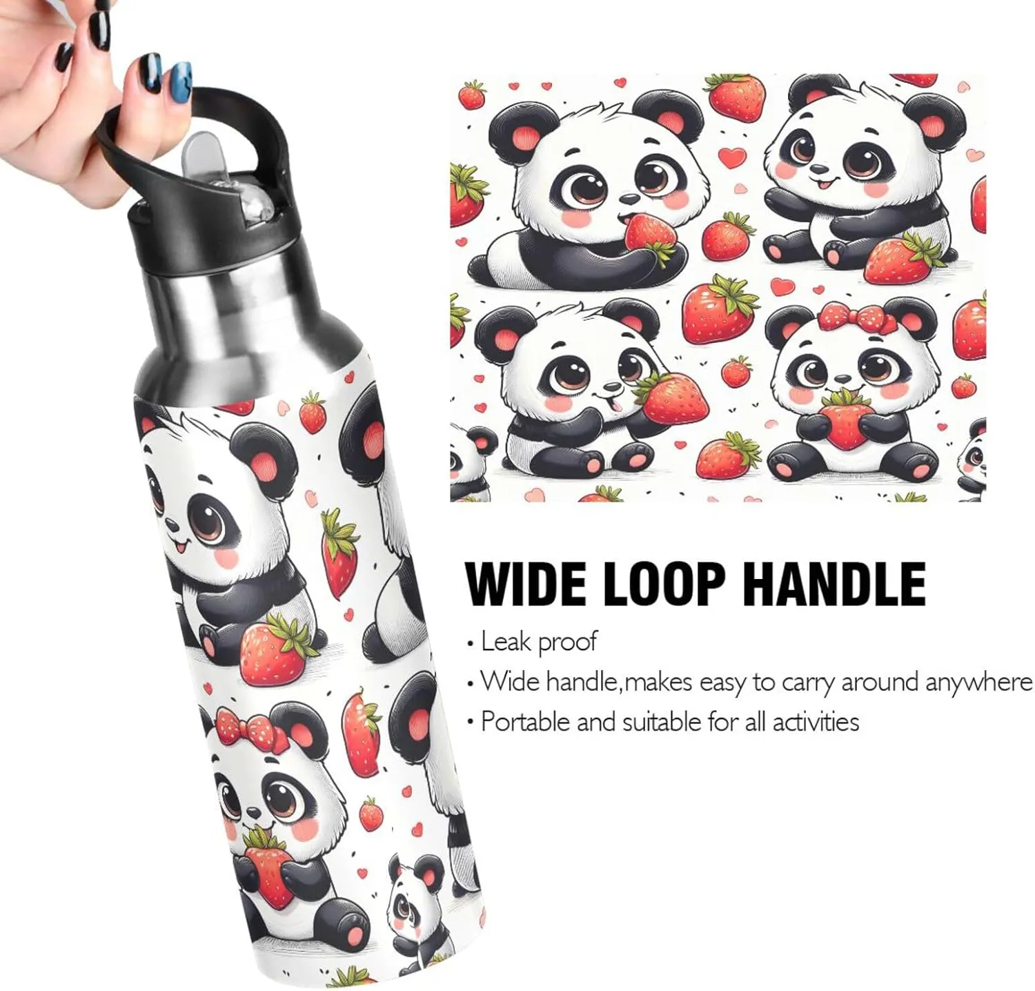 Panda Red Strawberry Water Bottles for Boys Kids Thermos Bottle Cups with Straw Lid Insulated Stainless Steel Leakproof Water Flask Jug 20 oz