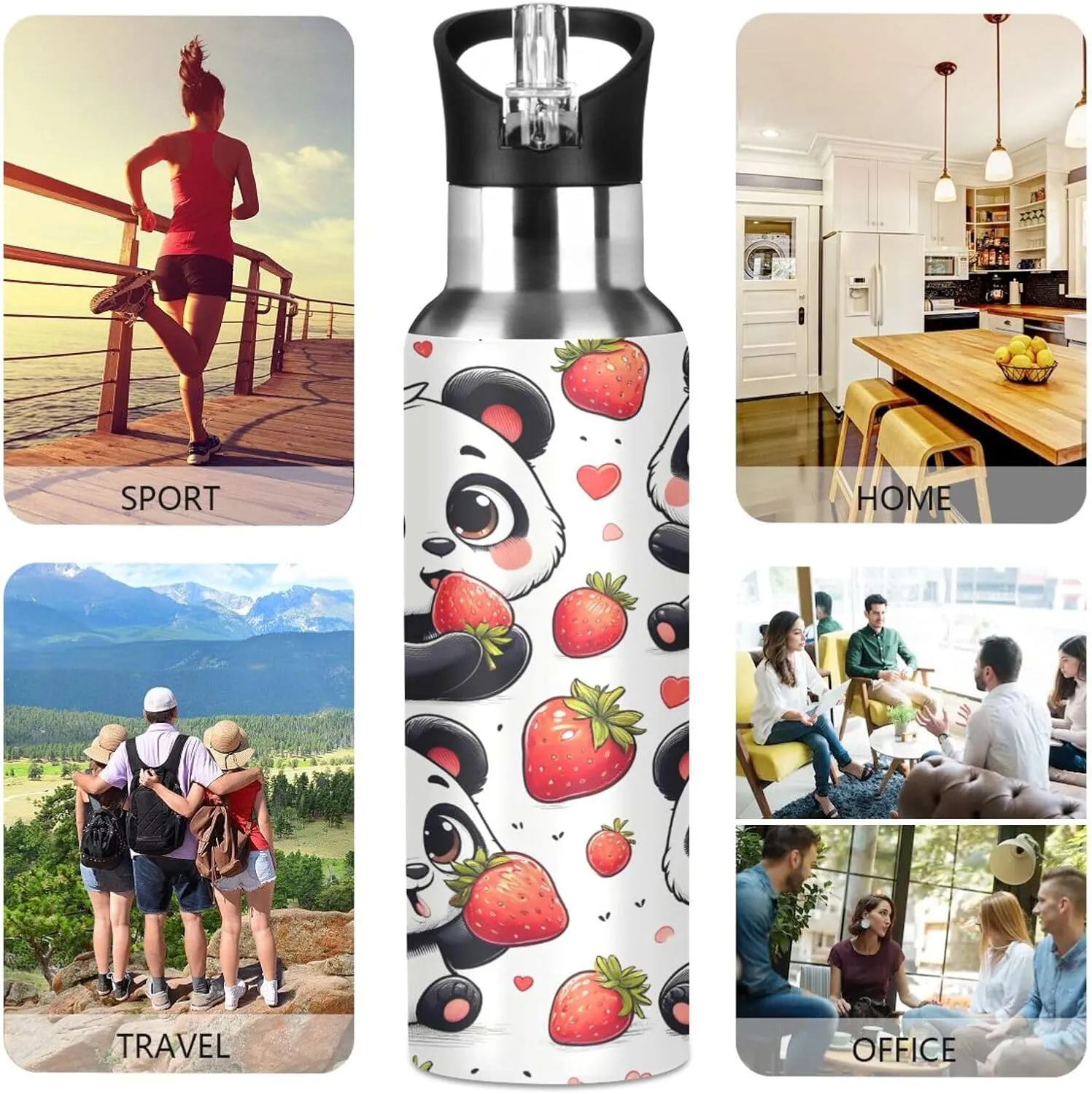 Panda Red Strawberry Water Bottles for Boys Kids Thermos Bottle Cups with Straw Lid Insulated Stainless Steel Leakproof Water Flask Jug 20 oz