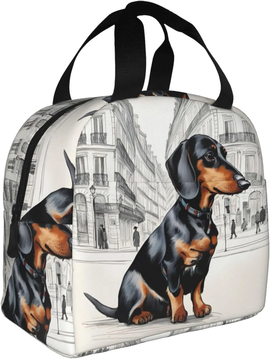 Parisian Dachshund Print Foldable Structure Insulated Lunch Bag Portable Cooler Tote Bags Adults Men Women