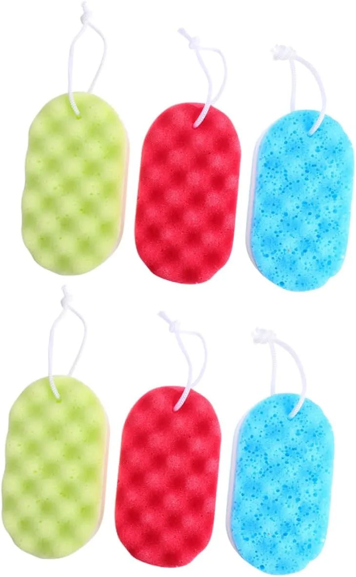 PartyKindom 6pcs Double-Sided Exfoliating Bath Shower Sponge Soft Skin Cleansing Body Scrubber Convenient Hanging Design for Easy Drying for Daily Use