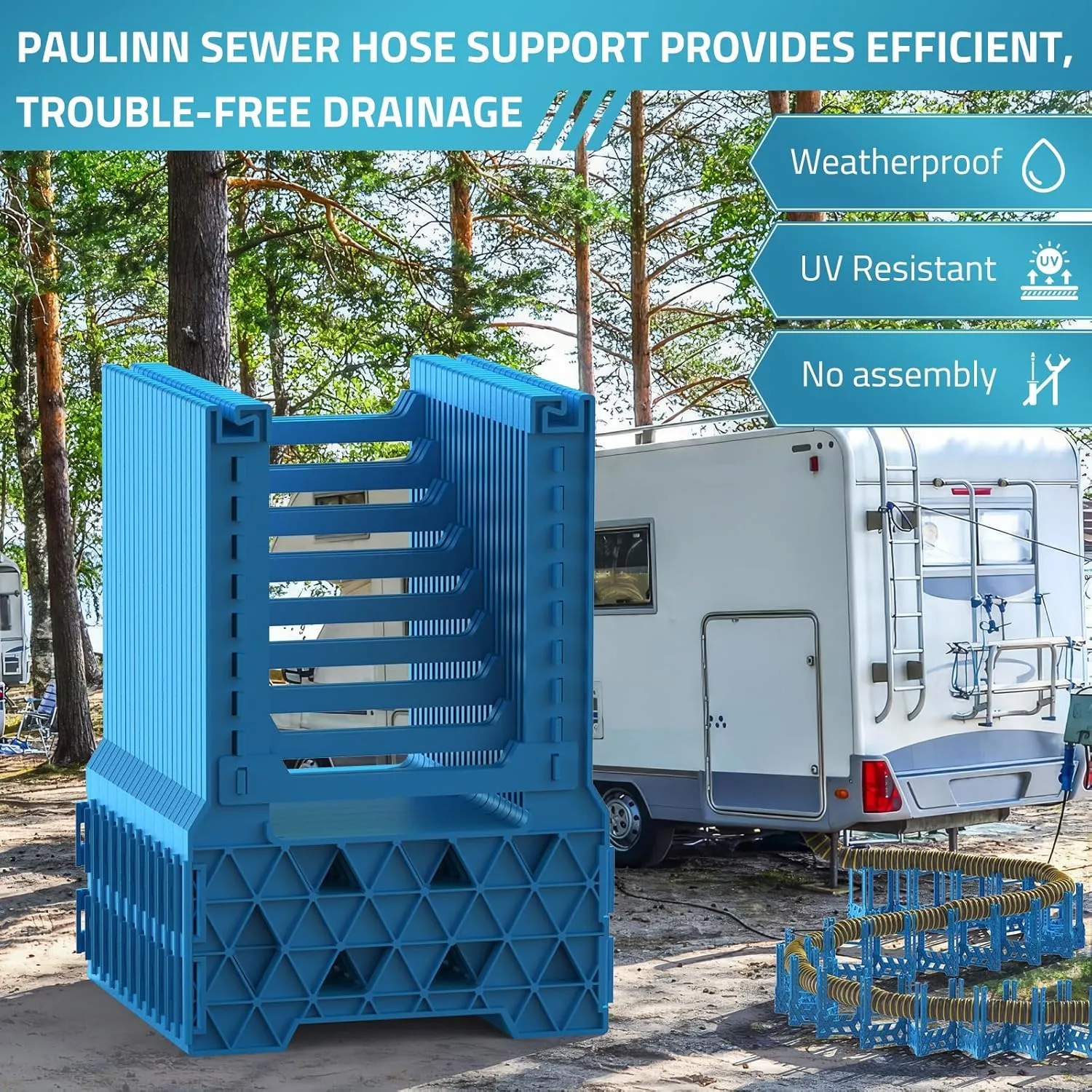 PAULINN 20FT RV Camper Sewer Hose Support, Ocean Blue Height Adjustable Sewer Hose Support for RV Camper, Deep Cradles Design, Quick Setup and Takedown, w/Secure Rubber Band & Carrying Strap