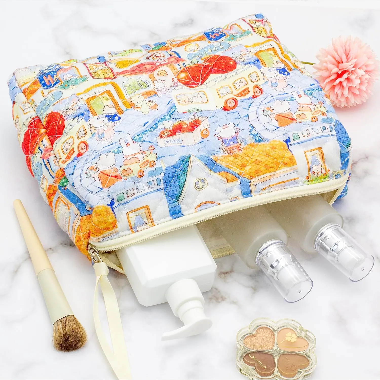 PAZIMIIK Cotton Makeup Bag for Women Large Quilted Travel Cosmetic Pouch Girls' Make Up Organizer,Little Bunny