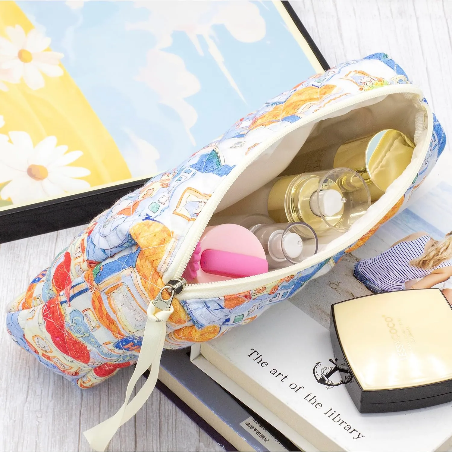 PAZIMIIK Cotton Makeup Bag for Women Large Quilted Travel Cosmetic Pouch Girls' Make Up Organizer,Little Bunny