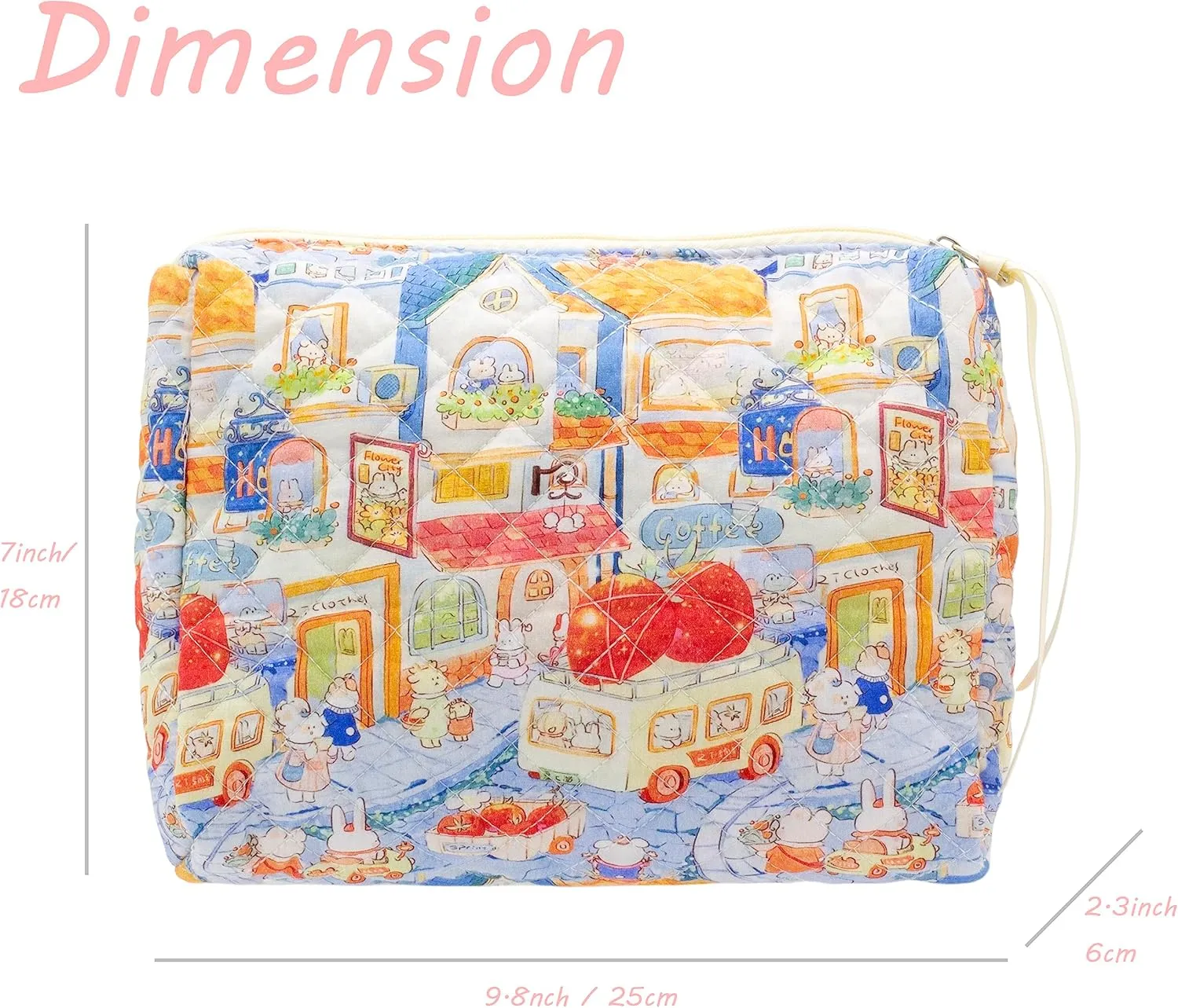 PAZIMIIK Cotton Makeup Bag for Women Large Quilted Travel Cosmetic Pouch Girls' Make Up Organizer,Little Bunny