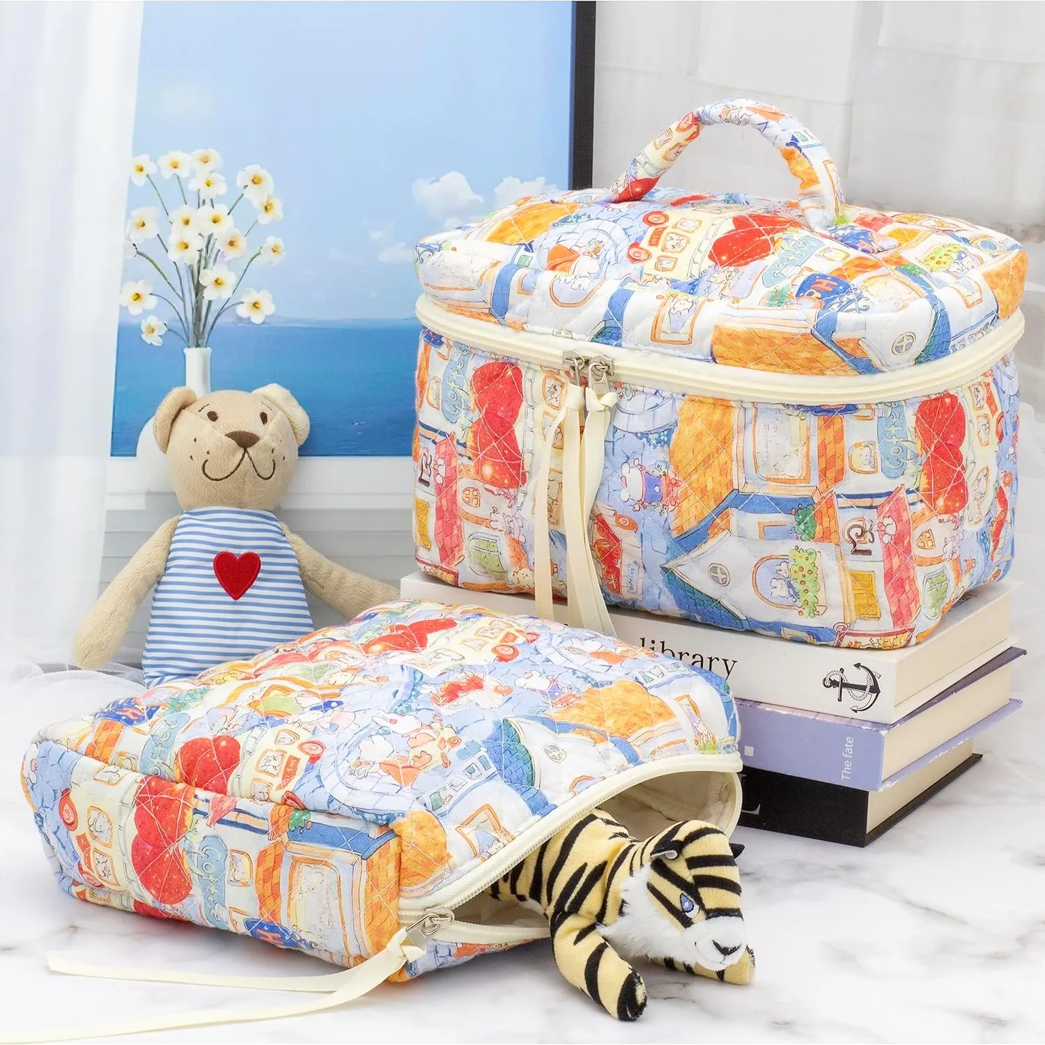 PAZIMIIK Cotton Makeup Bag for Women Large Quilted Travel Cosmetic Pouch Girls' Make Up Organizer,Little Bunny