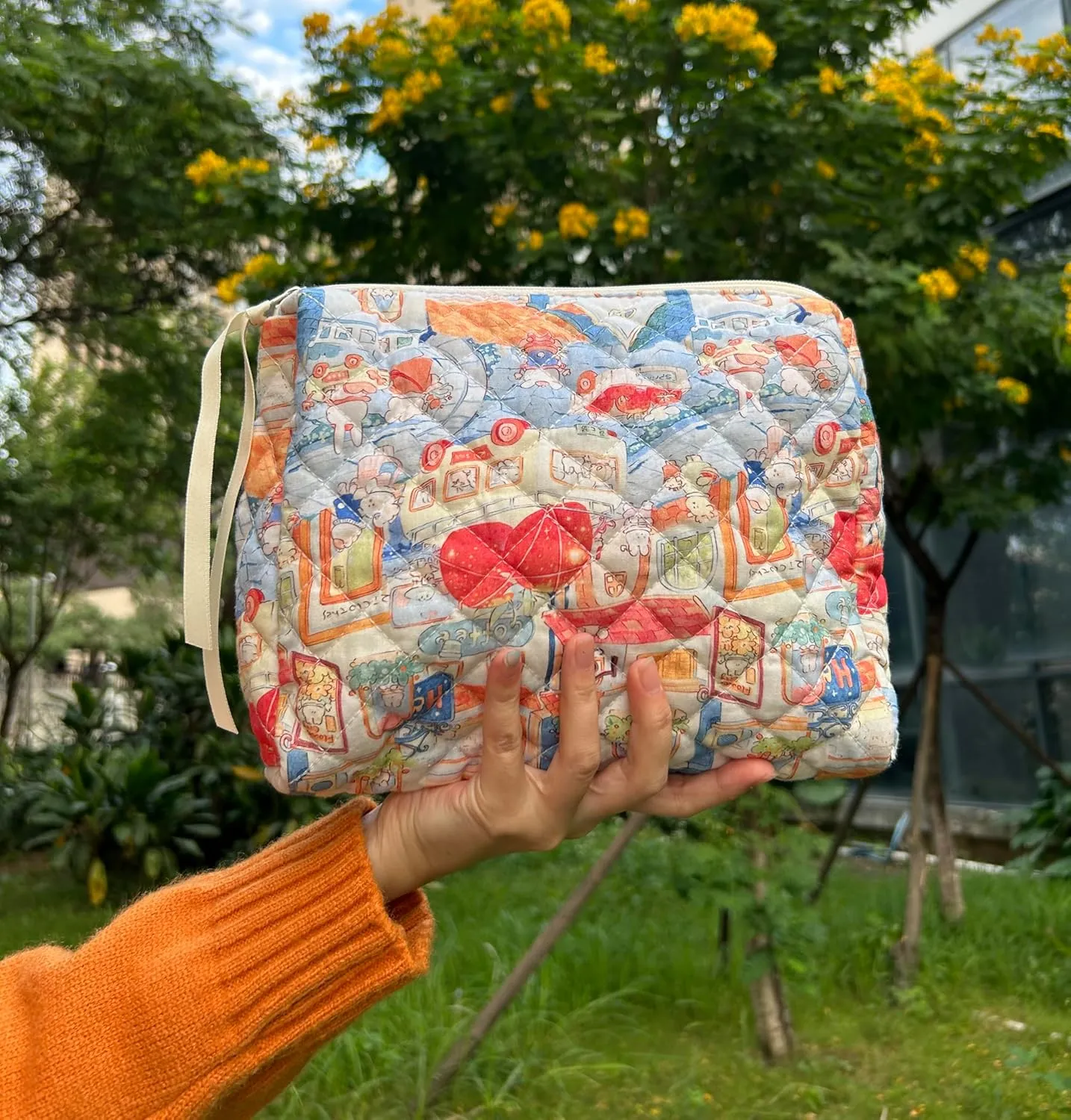 PAZIMIIK Cotton Makeup Bag for Women Large Quilted Travel Cosmetic Pouch Girls' Make Up Organizer,Little Bunny