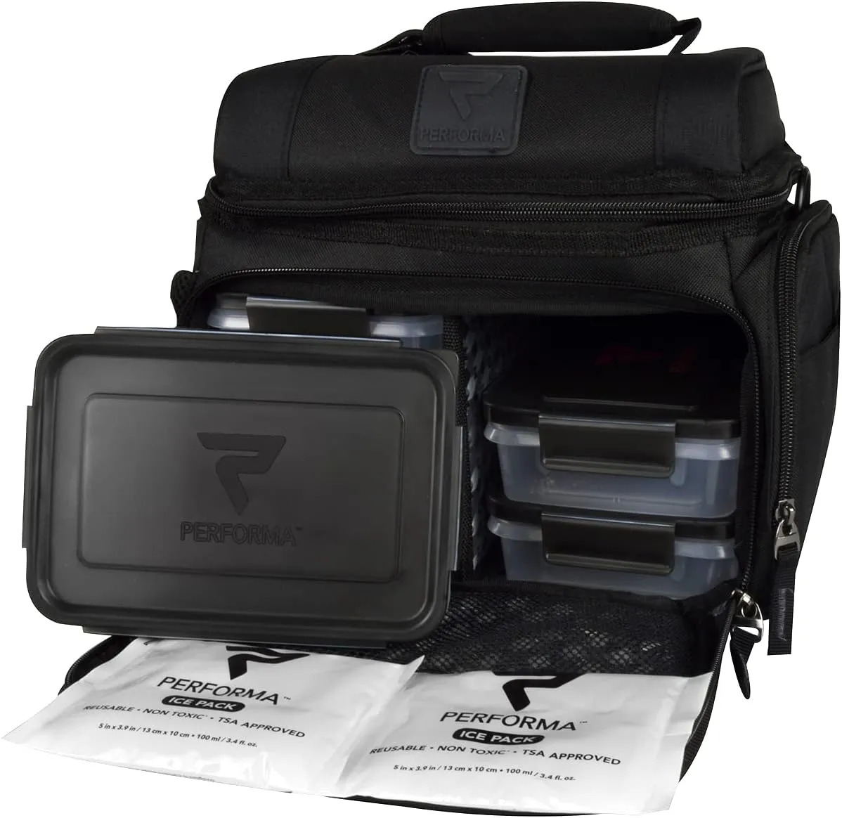 PERFORMA Meal Prep Matrix 6 Cooler Bag - Organized and Insulated Lunch Bag with Two Ice Packs and Shoulder Strap (Black)