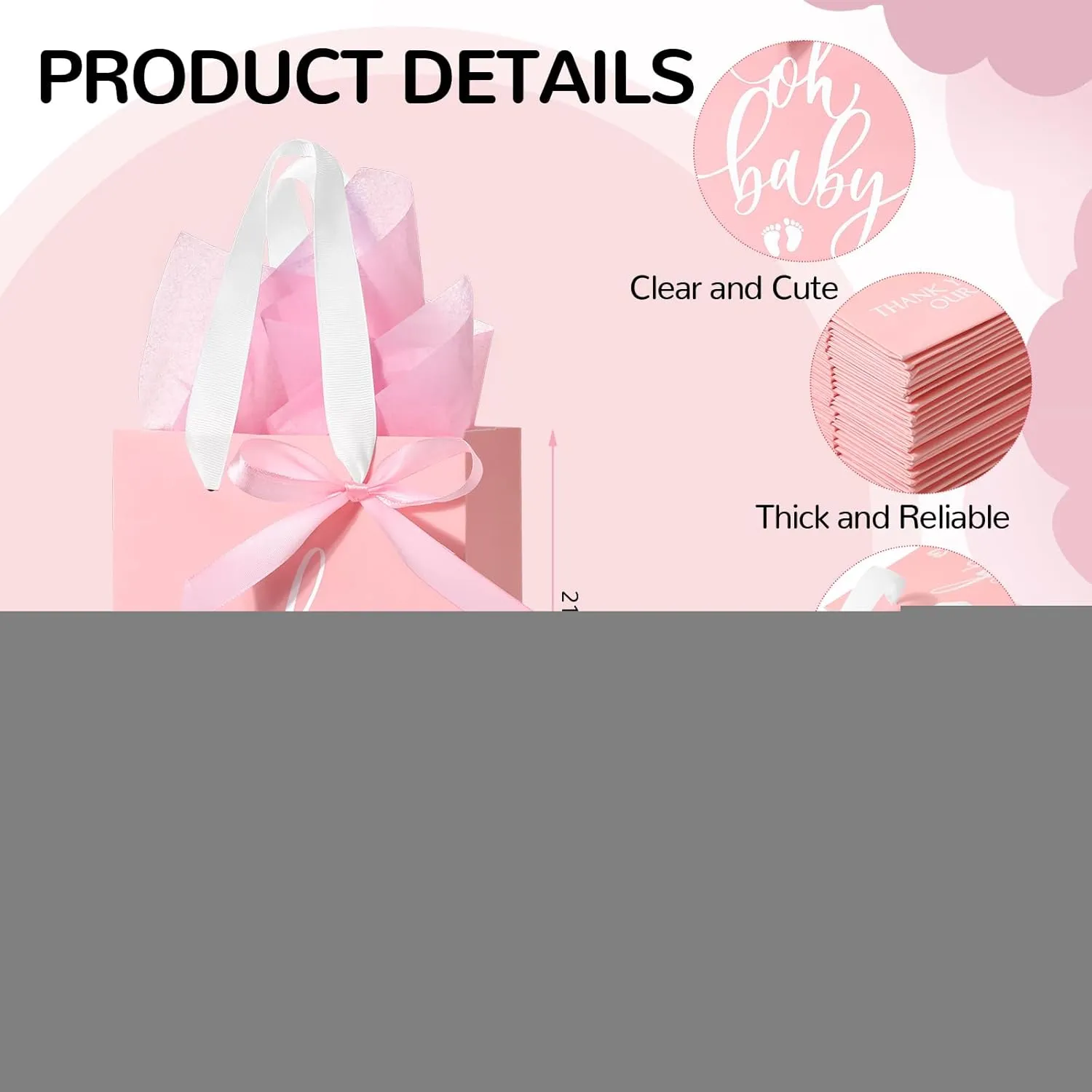 PerKoop 25 Packs Baby Shower Gifts Bags Bulk Baby Shower Party Favor Bags with Handle Paper and 25 Sheets Decorative Tissue Paper for Guests Gender Reveal Supply (Pink)