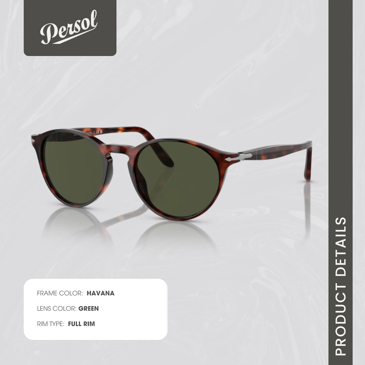 Persol PO3092SM Round Sunglasses for Men   BUNDLE With Designer iWear Complimentary Eyewear Kit