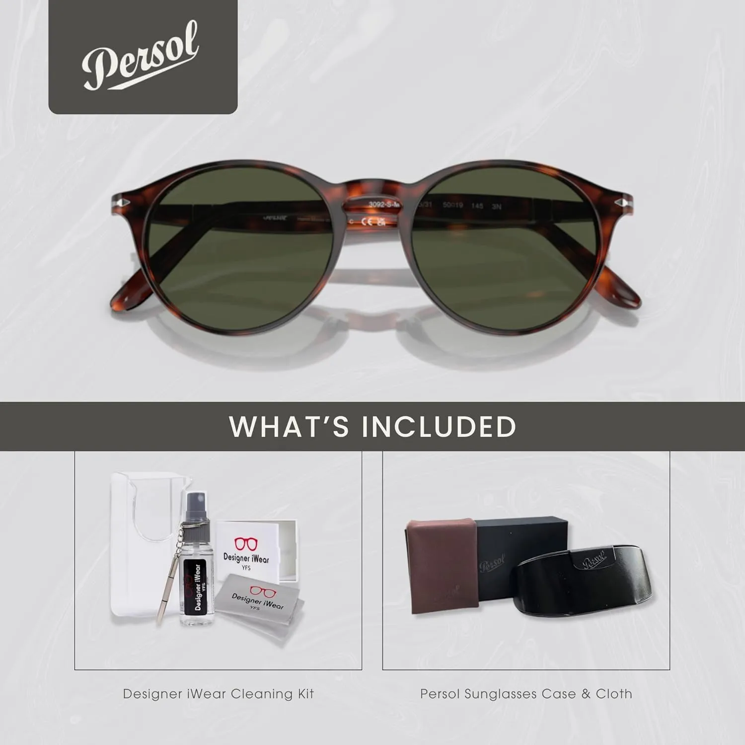 Persol PO3092SM Round Sunglasses for Men   BUNDLE With Designer iWear Complimentary Eyewear Kit