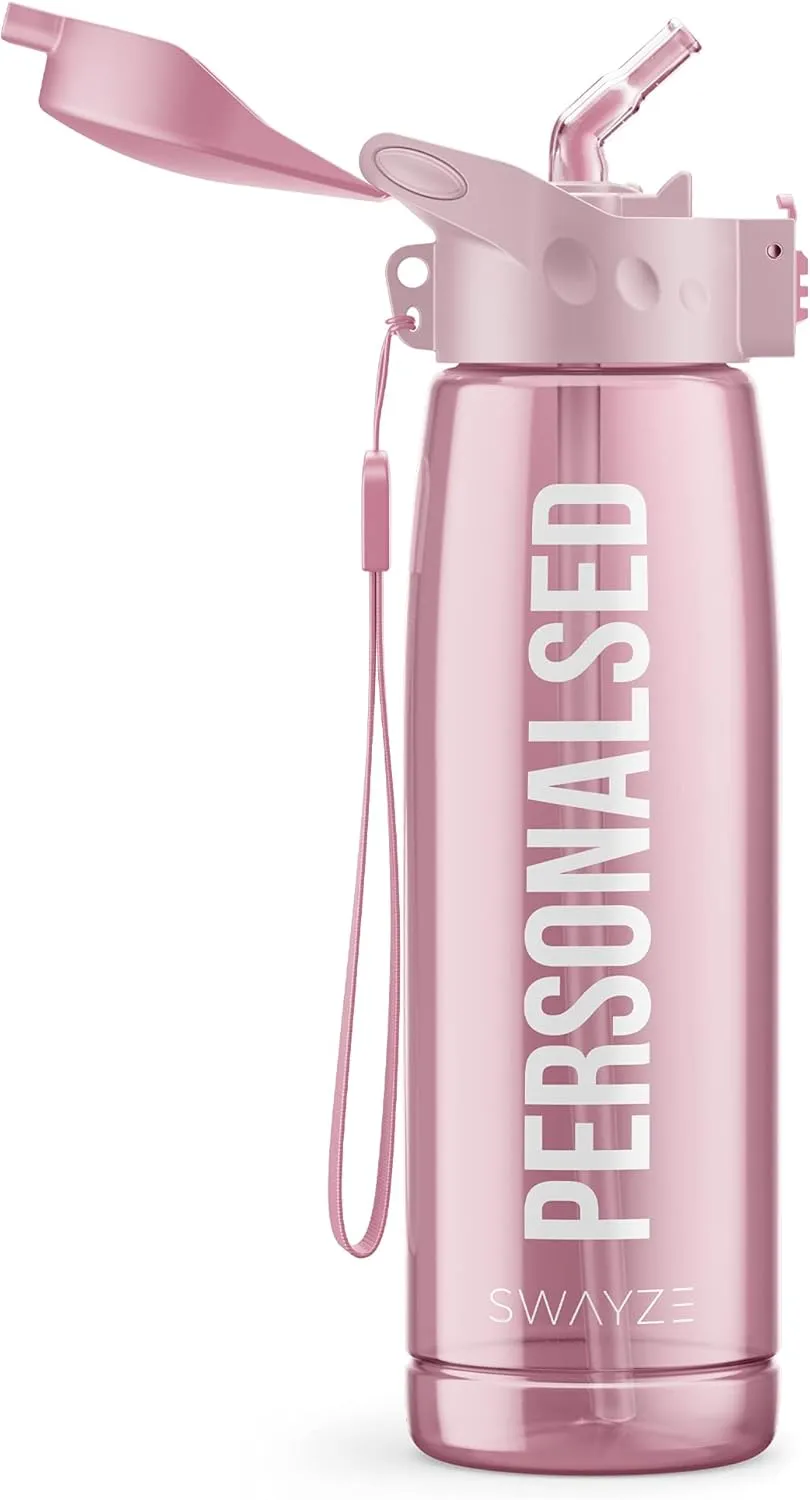 Personalised Water Bottle With Straw 660ml, School Water Bottles Boys Girls, Gym Bottle BPA Free Cycling Sports Add Your Custom Text To Bottle (Pink - Personalized)