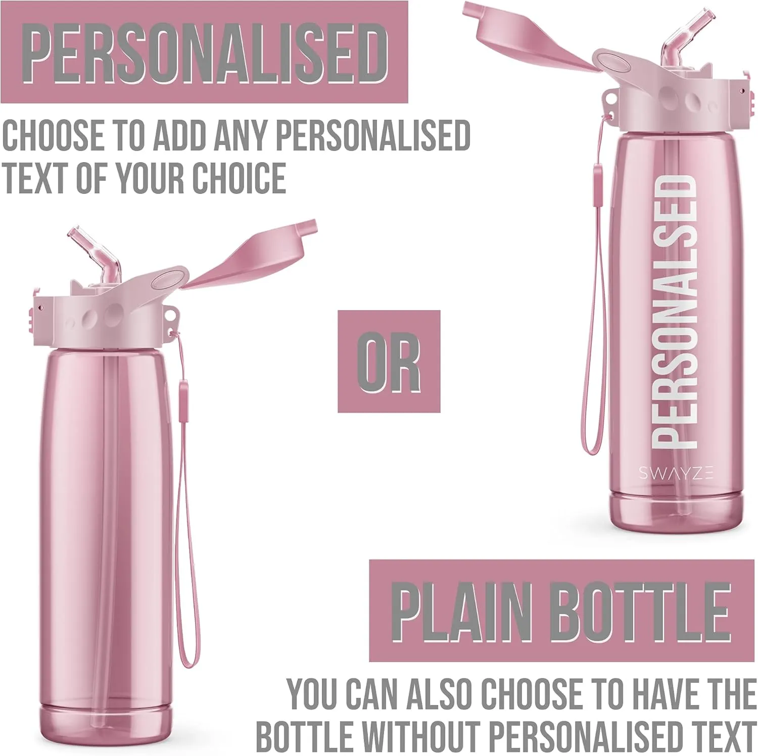 Personalised Water Bottle With Straw 660ml, School Water Bottles Boys Girls, Gym Bottle BPA Free Cycling Sports Add Your Custom Text To Bottle (Pink - Personalized)