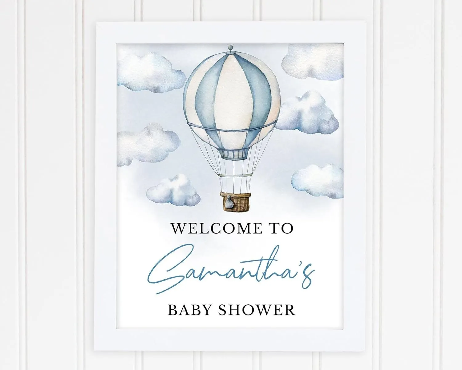 Personalized Baby Shower Sign, Welcome Baby Shower Sign Blue Hot Air Balloon Adventure Awaits
