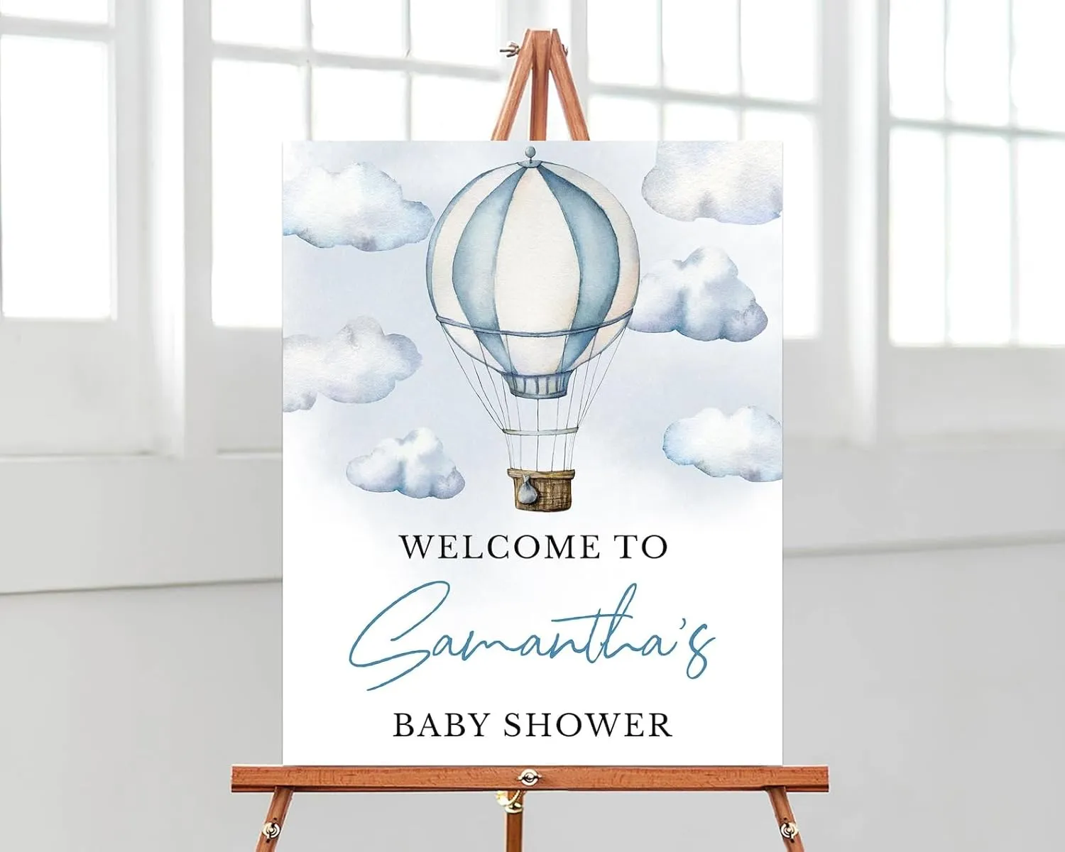 Personalized Baby Shower Sign, Welcome Baby Shower Sign Blue Hot Air Balloon Adventure Awaits