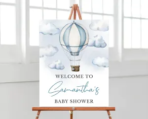 Personalized Baby Shower Sign, Welcome Baby Shower Sign Blue Hot Air Balloon Adventure Awaits