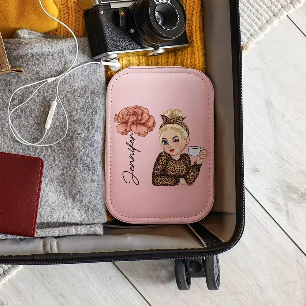 Personalized Birth Month Flower Travel Makeup Bag With LED Mirror Leather, Custom Name Makeup Organizer Portable Jewelry Organizer Case Valentine's, Birthday, Christmas Gifts for Women