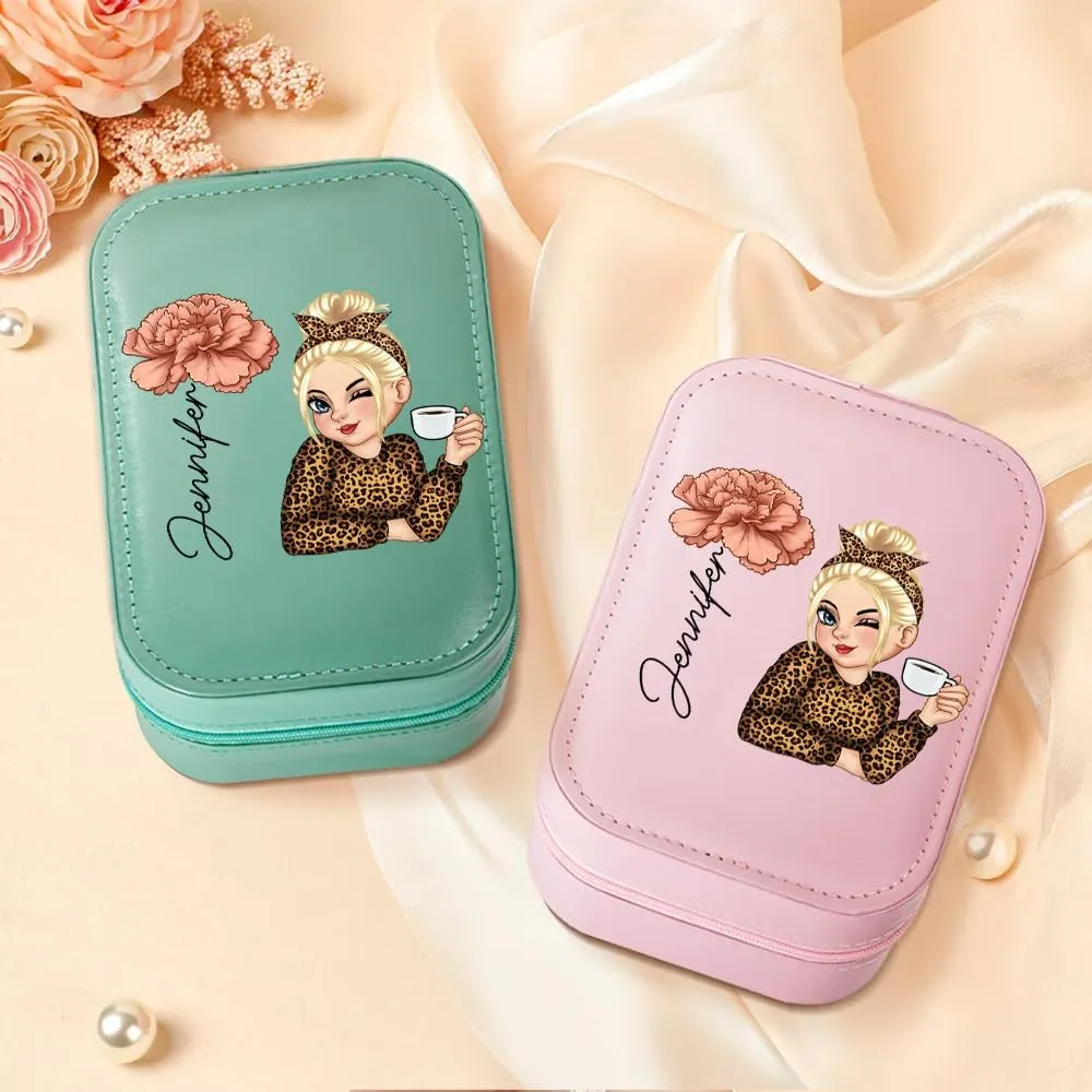 Personalized Birth Month Flower Travel Makeup Bag With LED Mirror Leather, Custom Name Makeup Organizer Portable Jewelry Organizer Case Valentine's, Birthday, Christmas Gifts for Women