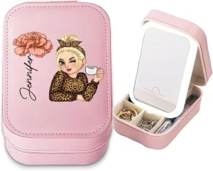 Personalized Birth Month Flower Travel Makeup Bag With LED Mirror Leather, Custom Name Makeup Organizer Portable Jewelry Organizer Case Valentine's, Birthday, Christmas Gifts for Women