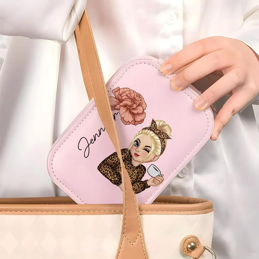 Personalized Birth Month Flower Travel Makeup Bag With LED Mirror Leather, Custom Name Makeup Organizer Portable Jewelry Organizer Case Valentine's, Birthday, Christmas Gifts for Women