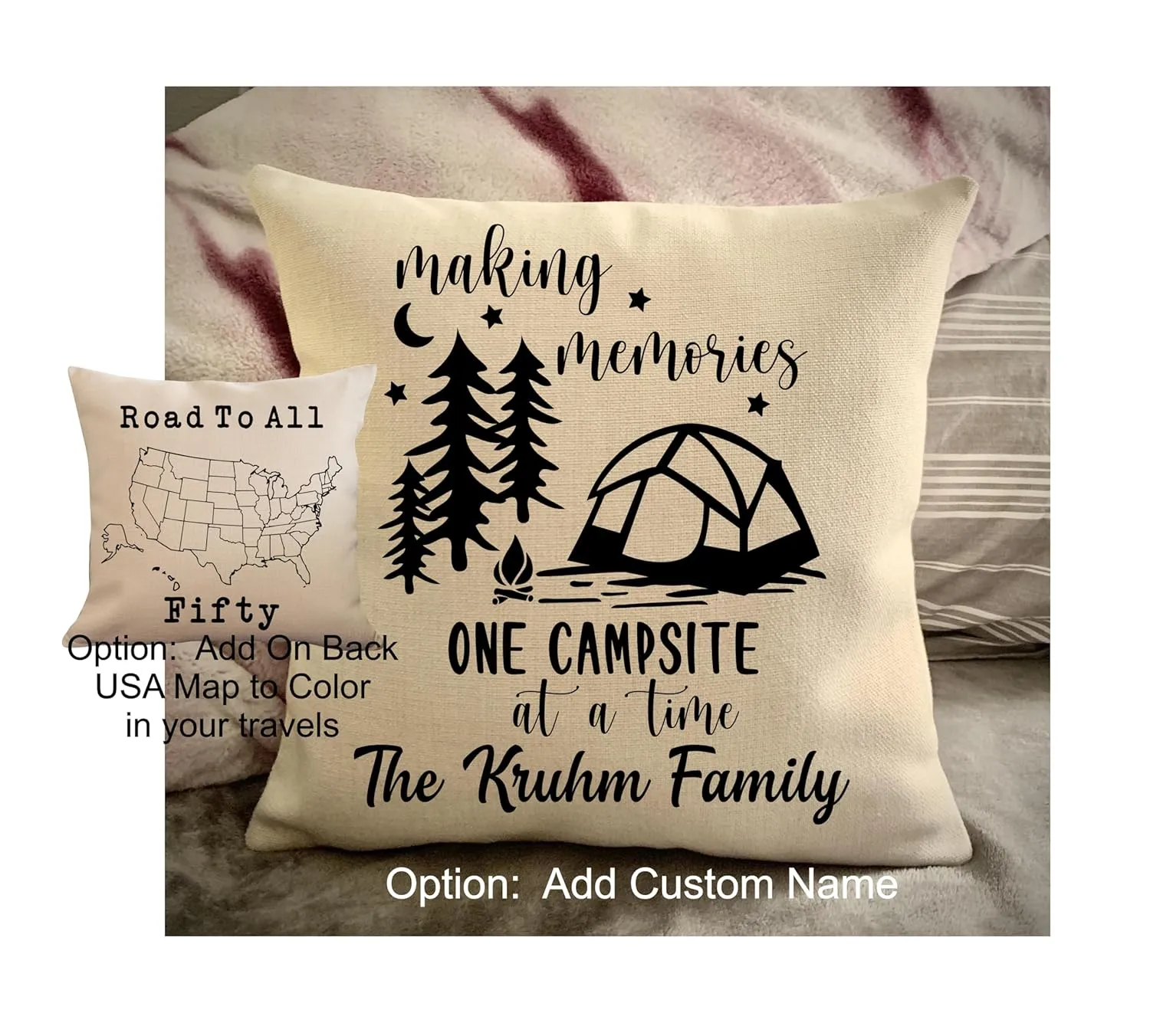 Personalized camper decorative throw pillow cover, making memories one campsite at a time camping pillow case, USA travel Map pillow sham, gift rver (tent, 18" x 18")