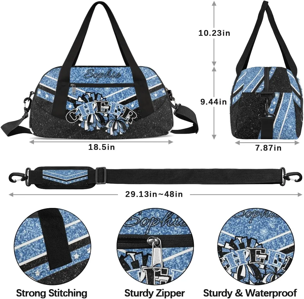 Personalized Cheer Bag for Girls, Custom Name Cheerleader Bag, SportS Gym Duffle for Women Blue