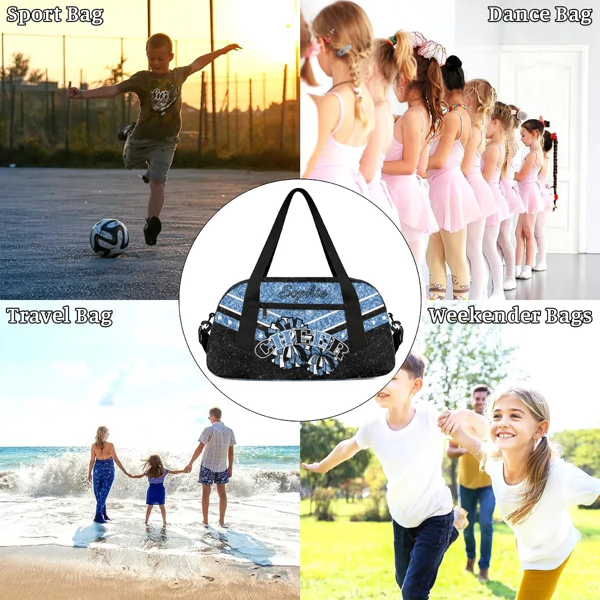 Personalized Cheer Bag for Girls, Custom Name Cheerleader Bag, SportS Gym Duffle for Women Blue