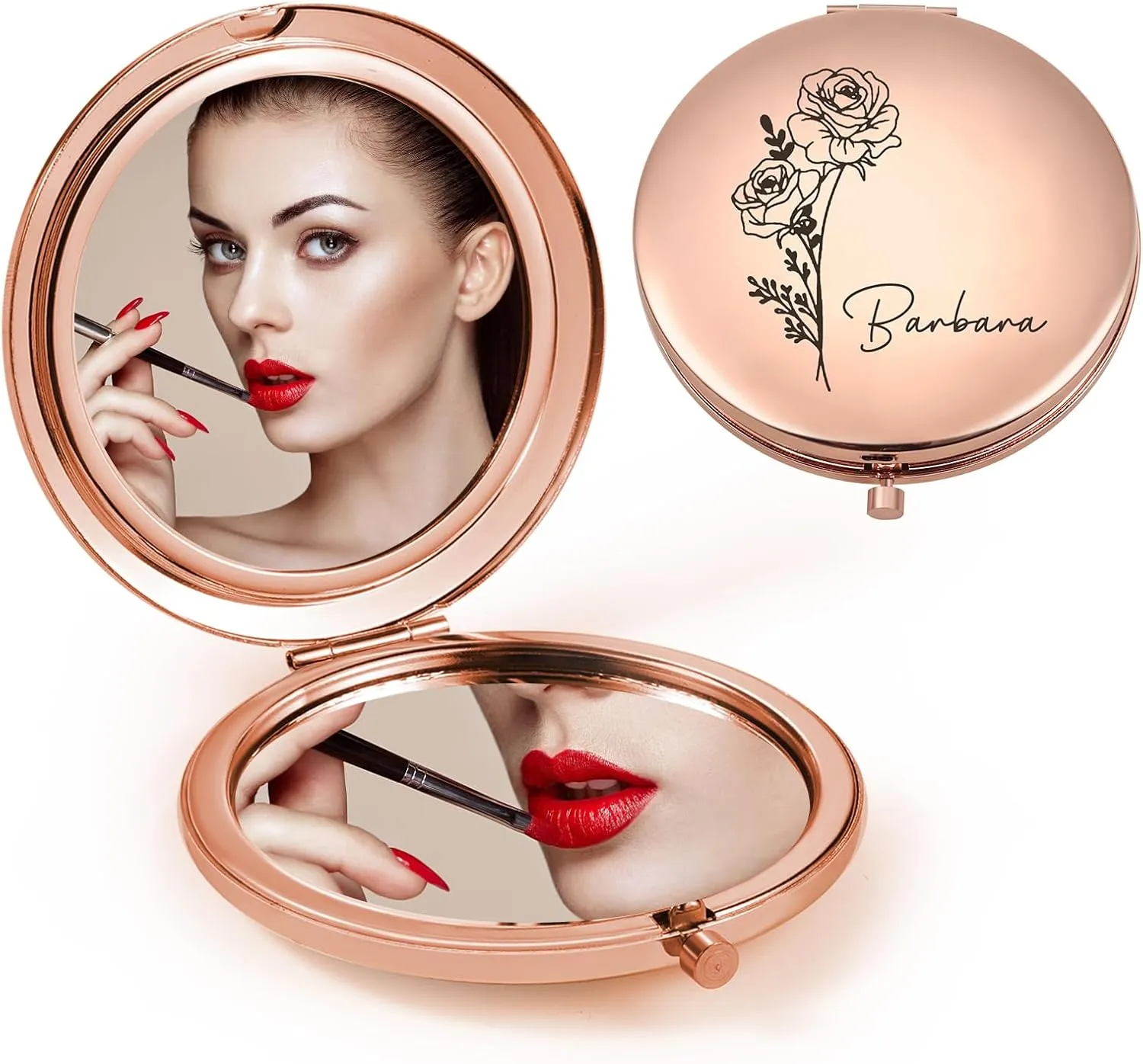 Personalized Compact Mirror for Women - Pocket Mirror for Women,Custom Birthflower Travel Makeup Mirror for Wife, Mom, Bridesmaid Gifts for Daughter Friend (Rose Gold)