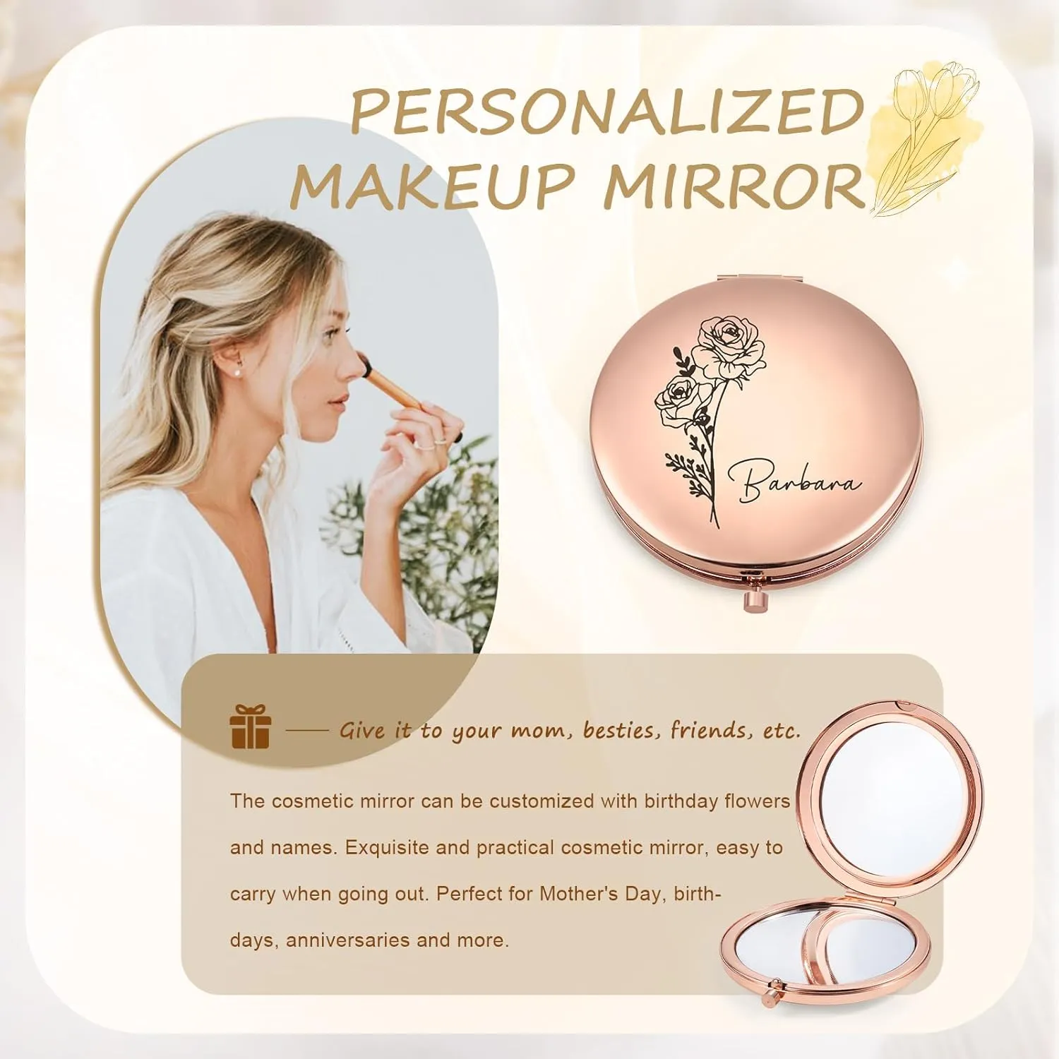 Personalized Compact Mirror for Women - Pocket Mirror for Women,Custom Birthflower Travel Makeup Mirror for Wife, Mom, Bridesmaid Gifts for Daughter Friend (Rose Gold)